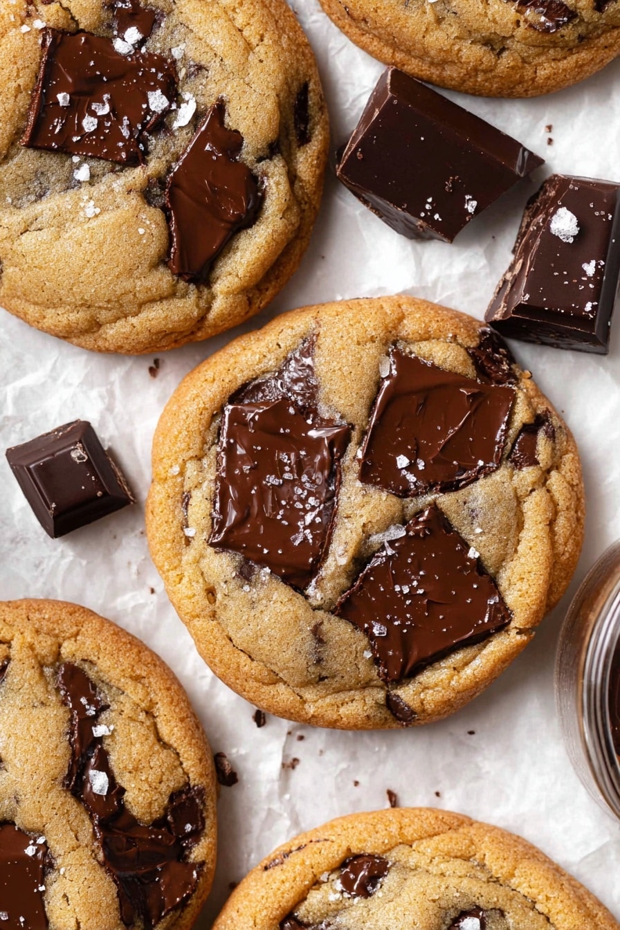 The image shows several golden brown cookies with dark melted chocolate chunks on top, placed closely together on white parchment paper. Each cookie has multiple large, shiny, deep brown chocolate pieces embedded in the soft cookie surface, with a few pieces sprinkled with coarse salt. Around the cookies are a few solid dark chocolate chunks in irregular shapes. The background is a white marbled texture. photo taken with an iphone --ar 2:3 --v 7 - The BEST Chocolate Chip Cookies Bakery Style, bakery style chocolate chip cookies, homemade chocolate chip cookie recipe, chewy chocolate chip cookies, best chocolate chip cookie recipe