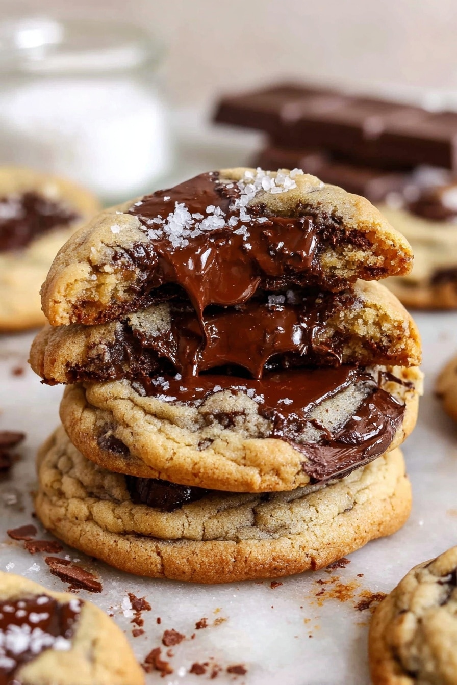 A stack of three thick cookies filled with large, melted dark chocolate chunks sits in the center on a white marbled surface, showing the cookies' soft and chewy texture. The top cookie is broken in half, revealing rich, glossy chocolate melting inside. Around the stack, more cookies with similar chocolate melts are spread on the white marbled surface. In the background, there is a small glass jar filled with white salt grains and a bar of dark chocolate slightly out of focus, enhancing the cozy and fresh feel of the scene. photo taken with an iphone --ar 2:3 --v 7 - The BEST Chocolate Chip Cookies Bakery Style, bakery style chocolate chip cookies, homemade chocolate chip cookie recipe, chewy chocolate chip cookies, best chocolate chip cookie recipe