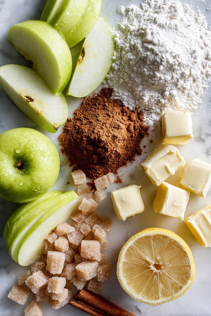 Flat lay of thinly sliced green Granny Smith apples scattered beside small piles of light and dark brown sugar crystals, a heap of warm cinnamon powder and a pinch of nutmeg, chunks of cold pale butter nestled near a mound of soft white flour, a fresh lemon sliced in half with droplets of juice glistening on the surface, all beautifully arranged on a white marble surface, photo taken with an iphone --ar 2:3 --v 7 - Dutch Apple Pie, apple pie with crumb topping, homemade Dutch apple pie, easy apple pie recipe, best apple pie dessert