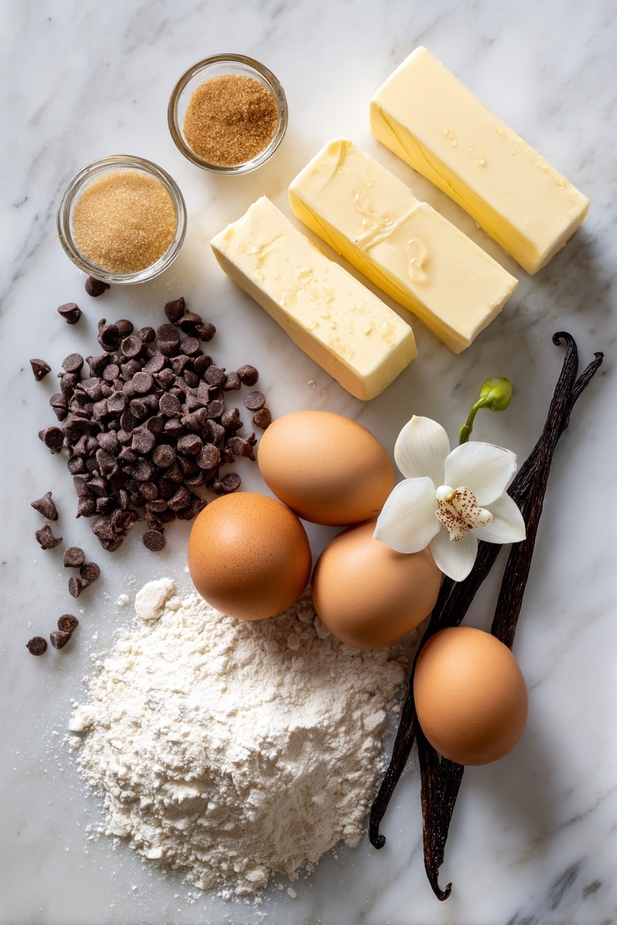 Flat lay of smooth unsalted butter sticks, light and dark brown sugar heaps, shiny semisweet chocolate chips scattered, lightly cracked large eggs, a small mound of all-purpose flour, vanilla beans with a few drops of extract, and a sprig of vanilla orchid, all beautifully arranged on a white marble surface, photo taken with an iphone --ar 2:3 --v 7 - Bakery Style Chocolate Chip Cookies, Thick Chewy Chocolate Chip Cookies, Easy Bakery Cookies, Perfect Chocolate Chip Cookies, Soft and Crispy Cookie Recipe