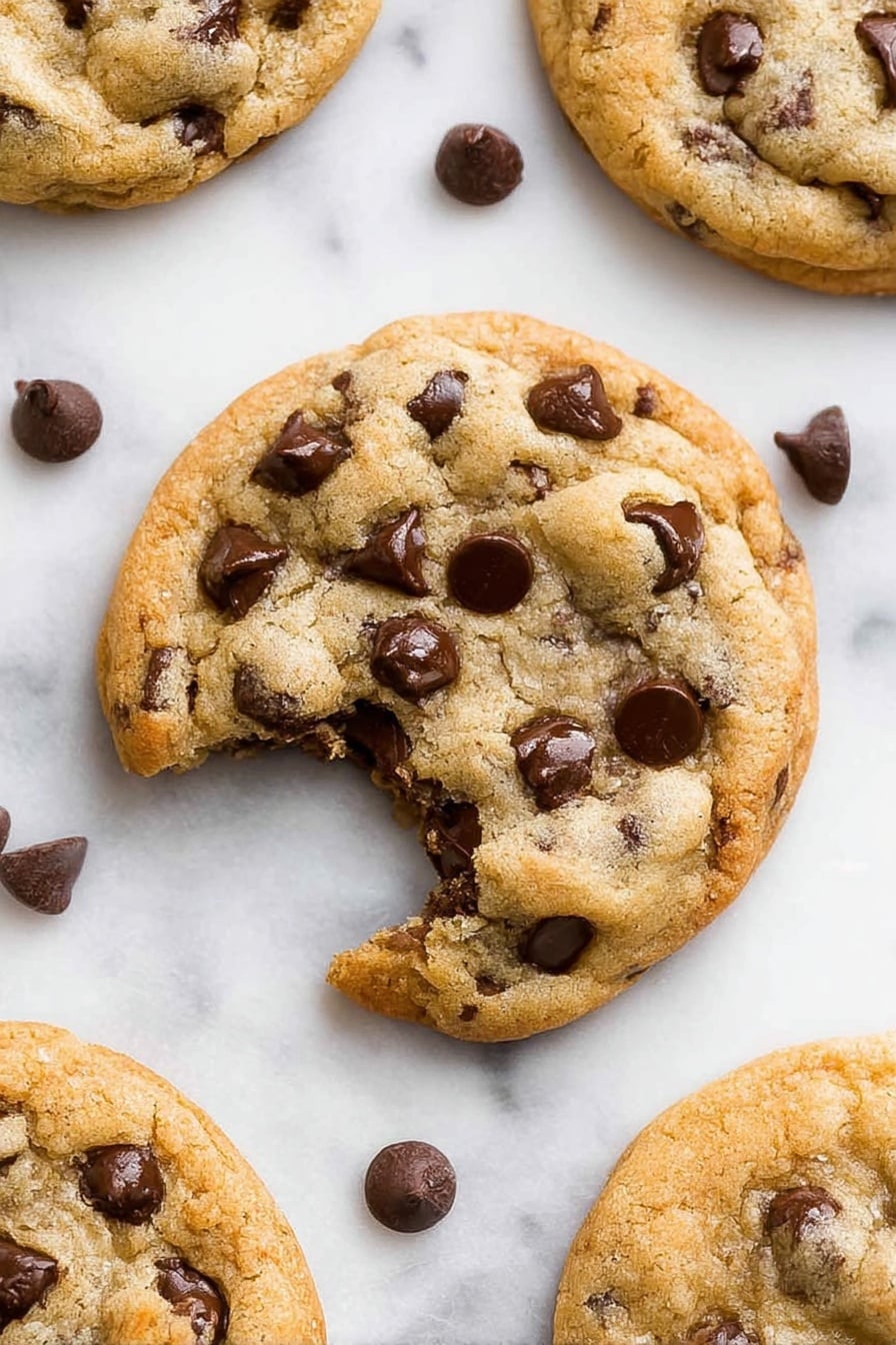 A close-up view of several chocolate chip cookies resting on a white marbled surface. The main cookie in the center is slightly broken, showing its soft inner texture filled with dark brown, shiny chocolate chips. Around this cookie, there are a few whole cookies with a light golden brown outer layer, dotted with more chocolate chips. Scattered around the cookies are loose chocolate chips, adding detail to the scene. The cookies have a slightly rough texture with some cracks visible on their surface, and the light highlights their slightly crisp edges and softer centers. photo taken with an iphone --ar 2:3 --v 7 - Bakery Style Chocolate Chip Cookies, Thick Chewy Chocolate Chip Cookies, Easy Bakery Cookies, Perfect Chocolate Chip Cookies, Soft and Crispy Cookie Recipe