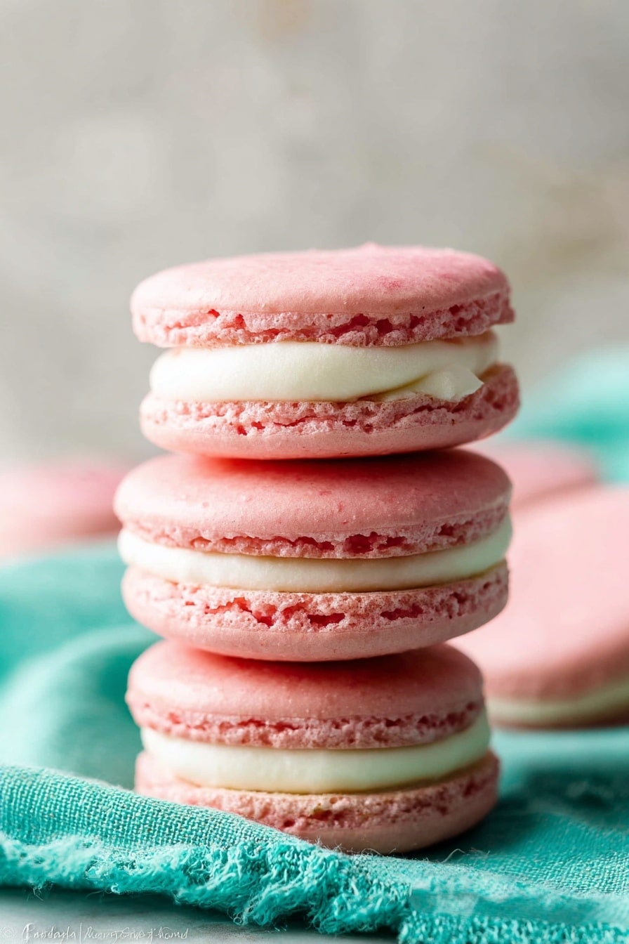 The image shows a stack of three pink macarons with two layers of smooth white cream filling in between each pink shell. The pink shells have a delicate, slightly textured surface with small, crisp edges. The macarons are placed on a soft turquoise cloth, and a blurred white marbled surface is seen in the background with another macaron partially visible. The lighting is soft, highlighting the macarons' smooth and airy texture. Photo taken with an iphone --ar 2:3 --v 7 - French Macarons, French Macarons Recipe, how to make French macarons, homemade French macarons, French Macarons tips