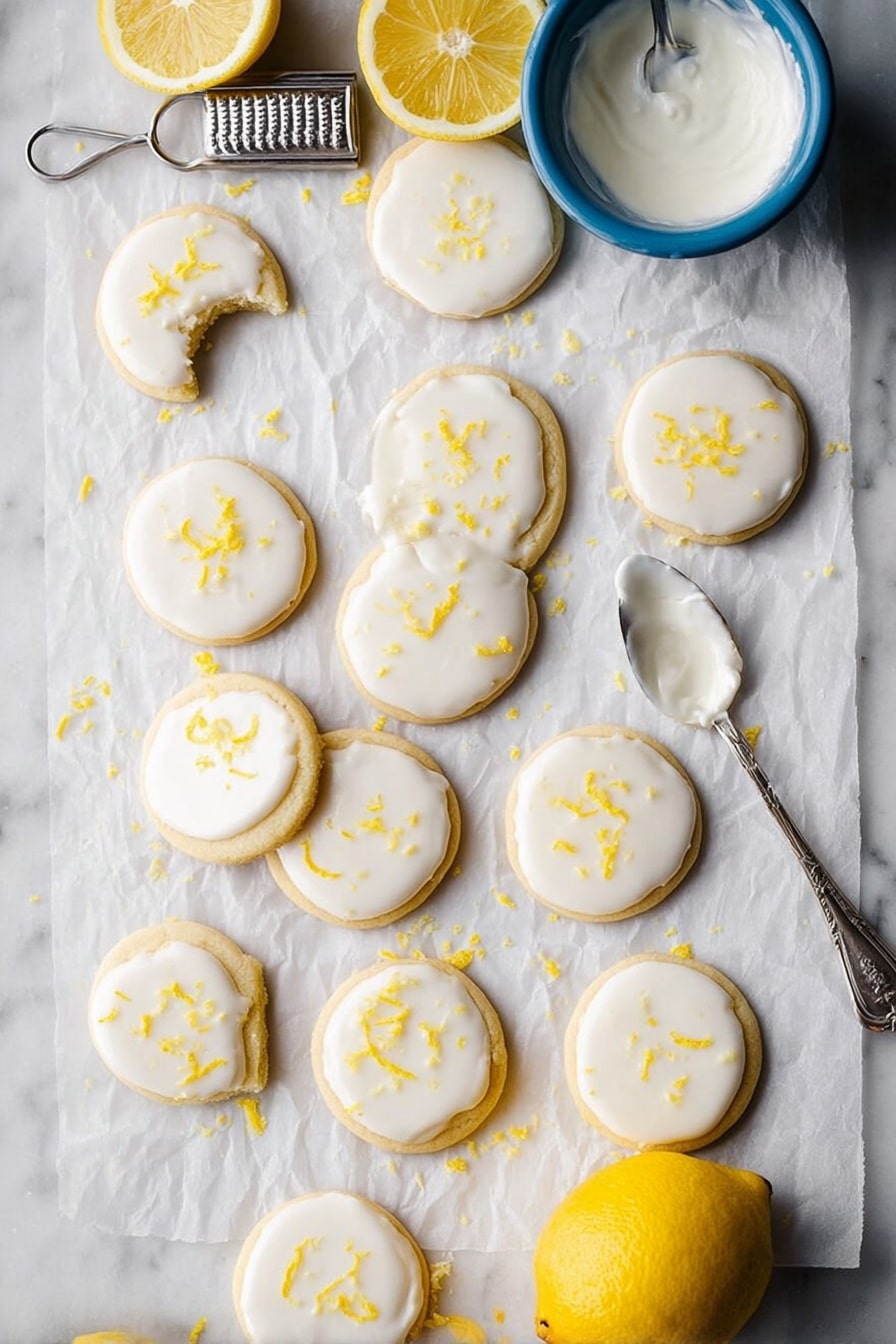 A white marbled surface holds a sheet of crinkled white parchment paper with sixteen round lemon cookies scattered on it. Each cookie has one layer of smooth white icing on top, with small bright yellow lemon zest bits sprinkled unevenly across the icing. Two halves of a bright yellow lemon rest near the edges of the parchment. A small blue bowl filled with white icing sits near the top right corner, and a silver spoon with a bit of icing rests diagonally across the parchment paper, its handle pointing toward the top center. A metal lemon zester is placed on the left side of the parchment. One cookie at the top left has a bite taken out of it, showing a light, soft texture inside. The scene is bright and clean, with all elements resting on the white marbled surface photo taken with an iphone --ar 2:3 --v 7 - Lemon Meltaway Cookies, citrus cookies recipe, lemon cookies with glaze, tender lemon cookies, easy lemon cookies