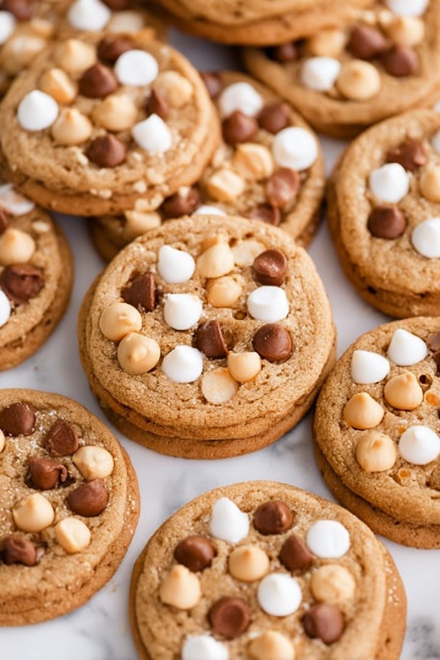 A close-up view of many round cookies laid flat on a white marbled surface, each cookie having a light brown, slightly textured base with visible small air bubbles. Each cookie is topped with a mix of white, dark brown, and light tan chips, scattered unevenly on the top surface. The chips create small layers on the cookies, giving them a rich, colorful pattern against the soft brown cookie. The cookies are stacked a little in some places, showing thickness and softness. photo taken with an iphone --ar 2:3 --v 7 - Butterscotch Pudding Cookies with Chocolate and White Chocolate Chips, easy butterscotch pudding cookies, soft chocolate chip cookies, melt-in-your-mouth cookies, homemade cookie recipes