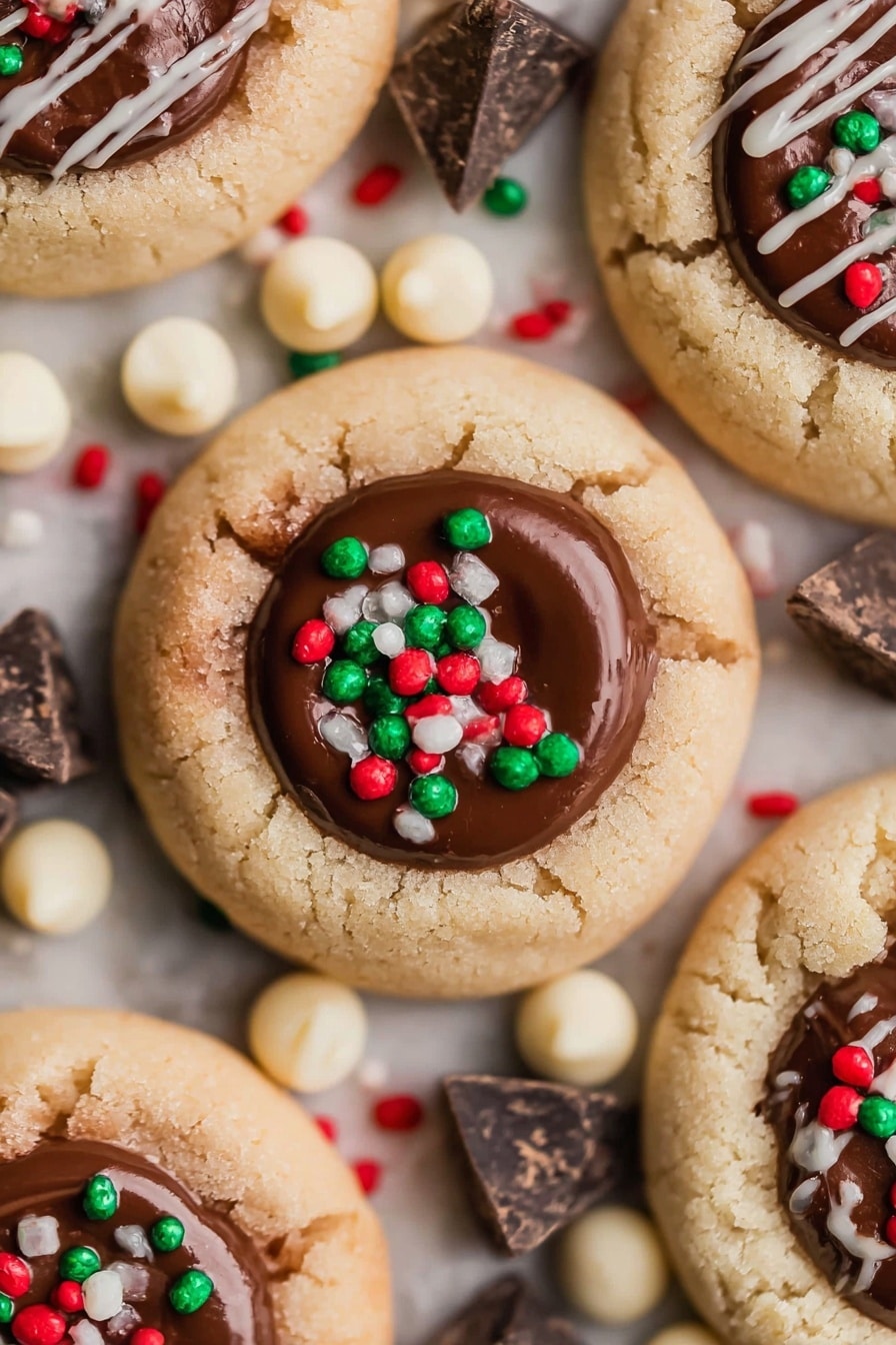 A close-up of soft, round cookies with a light beige base and a smooth, glossy chocolate center on top, each cookie decorated with small, round red, green, and white sprinkles. Some cookies show a white thin drizzle over the chocolate. Small white chocolate chips and dark chocolate chunks are scattered around the cookies on a white marbled surface. The cookies have a slightly cracked texture on the edges and appear soft and fresh. Photo taken with an iphone --ar 2:3 --v 7 - Nutella Thumbprint Cookies, soft buttery cookies with Nutella, easy Nutella cookie recipe, chocolate hazelnut cookies, thumbprint cookie ideas