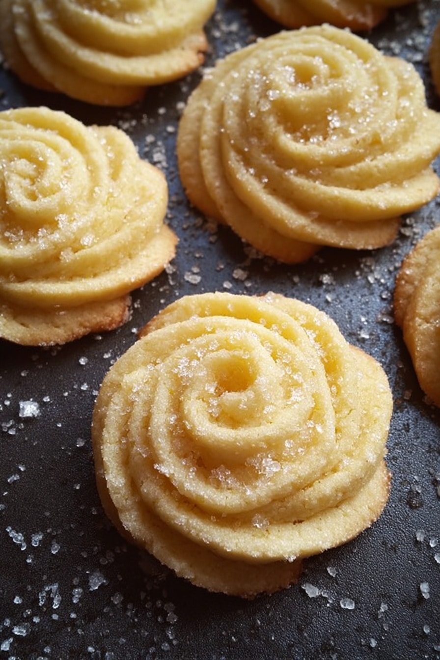 The image shows several round butter cookies with a soft yellow color and a slightly golden edge, each shaped in a spiral pattern with ridges creating a rosette design. The cookies have a grainy white sugar sprinkle on top, adding texture. They are placed on a dark baking tray that contrasts with their light color. The background has a fine scattering of coarse sugar crystals. Photo taken with an iphone --ar 2:3 --v 7 - Danish Butter Cookies, buttery cookies, easy cookie recipe, homemade Danish cookies, crisp buttery treats