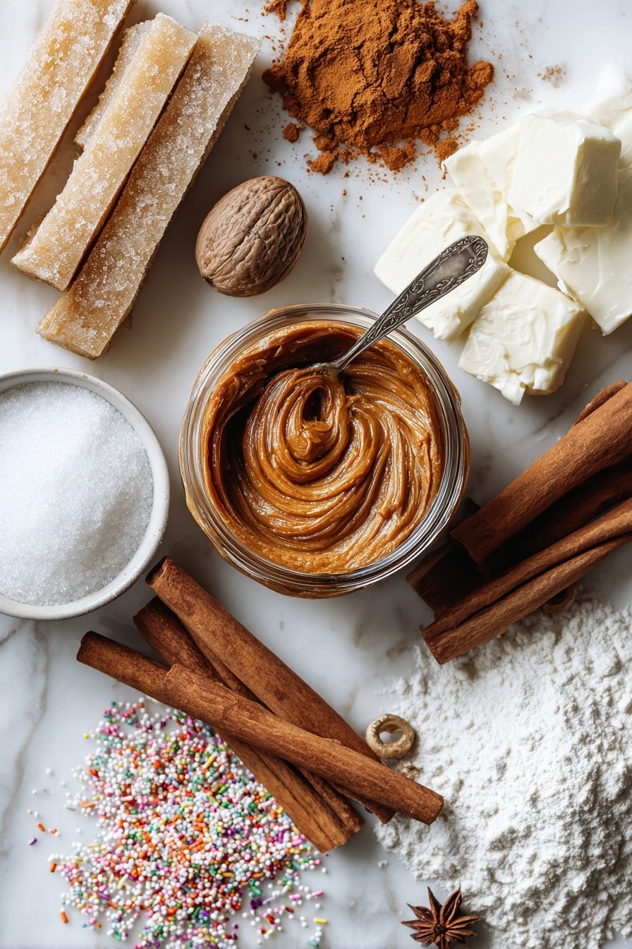 Flat lay of creamy pumpkin butter swirled in a small glass jar, rich brown sugar crystals piled high, warm cinnamon sticks, whole nutmeg pods, smooth cream cheese block, soft golden sticks of salted butter, a heap of fine powdered sugar dusted lightly nearby, and colorful fall-themed sprinkles scattered artfully, placed on a white marble surface, photo taken with an iphone --ar 2:3 --v 7 - Frosted Soft Pumpkin Sugar Cookies, pumpkin spice cookies, fall sugar cookies, pumpkin butter cookies, soft pumpkin cookies with frosting