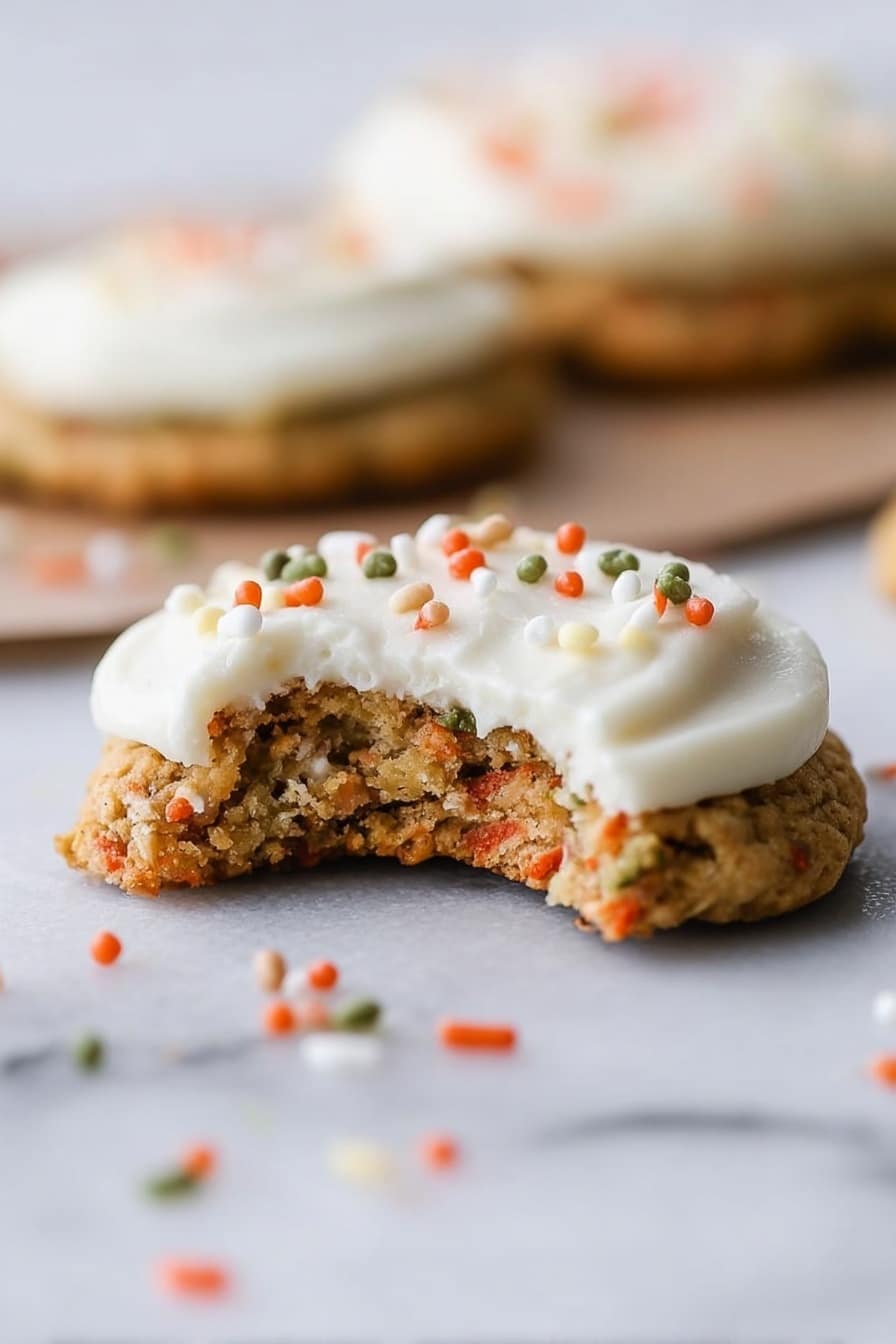 The image shows a close-up of a single layered cookie with a thick layer of white creamy frosting on top. The cookie is light brown with visible bits of nuts or oats and small orange and green pieces, giving it a textured look. The frosting is smooth and spread generously, with small colorful round sprinkles scattered on it and around the cookie on a white marbled surface. The cookie has a bite taken out of one side, showing a soft inside. Other similar cookies blurred in the background can also be seen. Photo taken with an iphone --ar 2:3 --v 7 - Carrot Cake Cookies, carrot cake cookies recipe, chewy carrot cake cookies, homemade carrot cake cookies, best carrot cake cookies