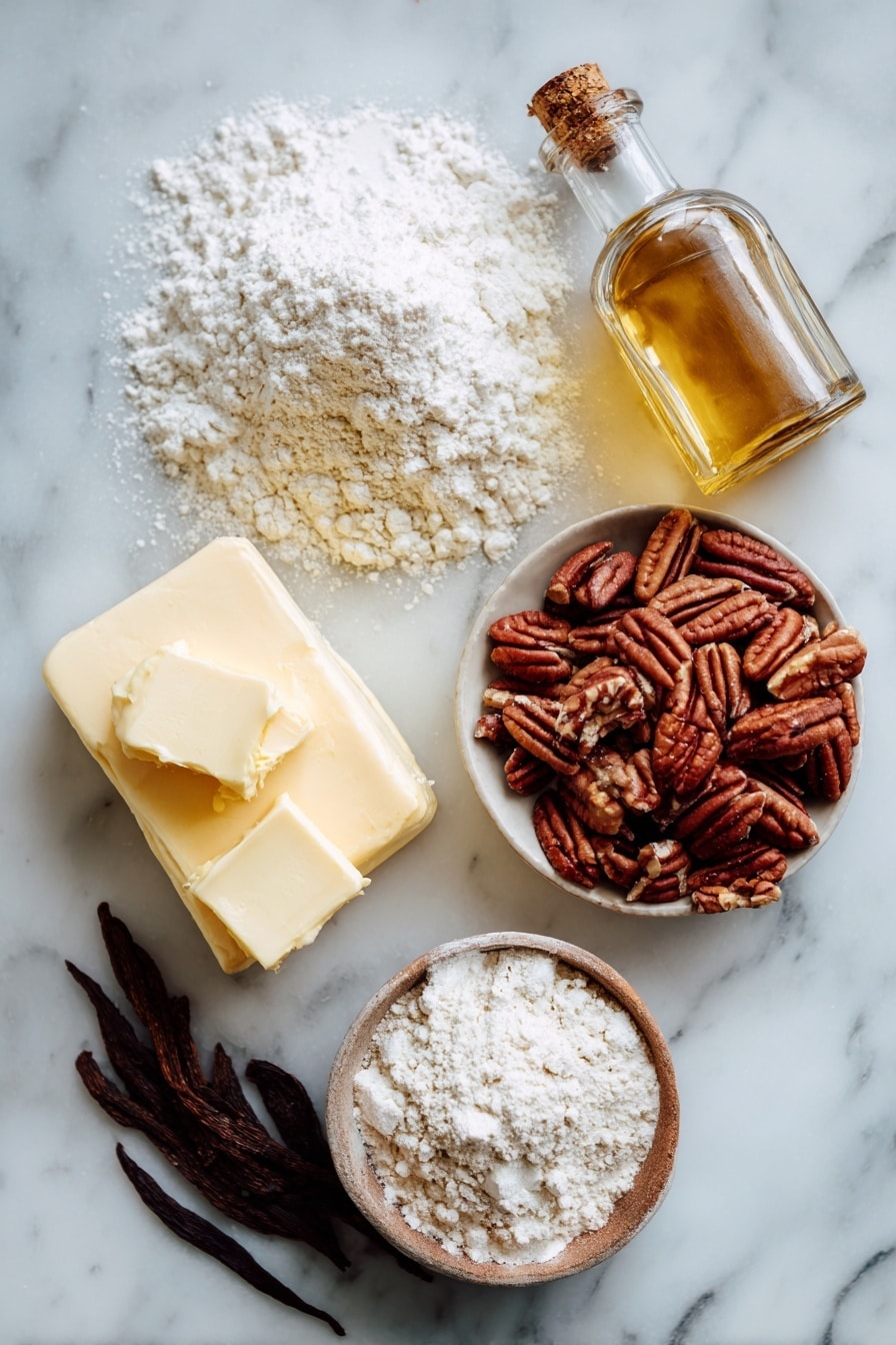 Flat lay of soft unsalted butter, a pile of fine powdered sugar, golden all-purpose flour, chopped pecans with rich brown shades, and a small glass bottle of vanilla extract, all beautifully arranged in a balanced composition, placed on a white marble surface, photo taken with an iphone --ar 2:3 --v 7 - Mexican Wedding Cookies, Polvorones, traditional Mexican cookies, buttery nut cookies, easy holiday cookies
