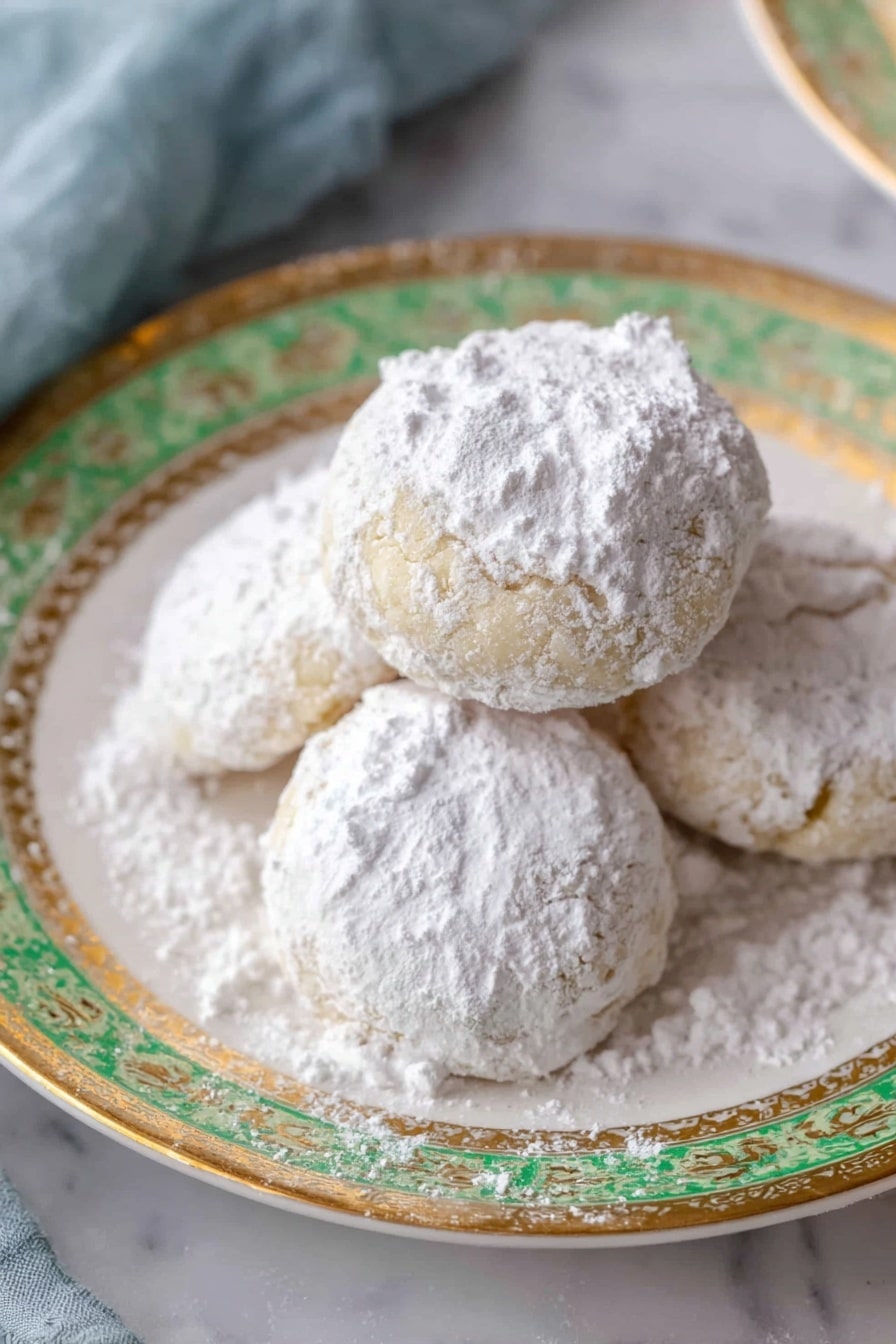 The image shows four round cookies stacked on a white plate with green and gold patterned edges; each cookie is covered in a thick layer of white powdered sugar, giving them a snowy, soft texture. The cookies sit closely together, some powder sugar spilling onto the plate. The plate is on a white marbled surface, and a soft blue fabric is partially visible on the left side. The lighting highlights the powdered sugar’s powdery texture and the gentle cracks on some cookies' sides. Photo taken with an iphone --ar 2:3 --v 7 - Mexican Wedding Cookies, Polvorones, traditional Mexican cookies, buttery nut cookies, easy holiday cookies