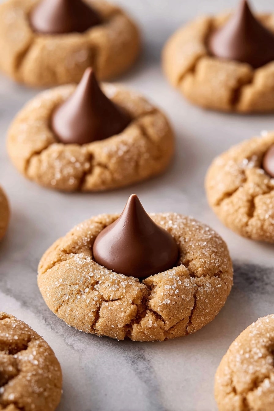 The image shows several peanut butter cookies with a cracked, light brown surface arranged on a white marbled surface. Each cookie has a single, smooth, dark brown chocolate kiss placed in the center, standing upright with a pointed tip. The cookies are round, slightly thick, and have a rough, crumbly texture with visible granules of sugar on top. The background is softly blurred, focusing on the front cookie and the cookies behind it spread out evenly. Photo taken with an iphone --ar 2:3 --v 7 - Peanut Butter Blossoms, peanut butter chocolate cookies, classic cookies with chocolate kisses, easy peanut butter cookies, holiday cookie recipes