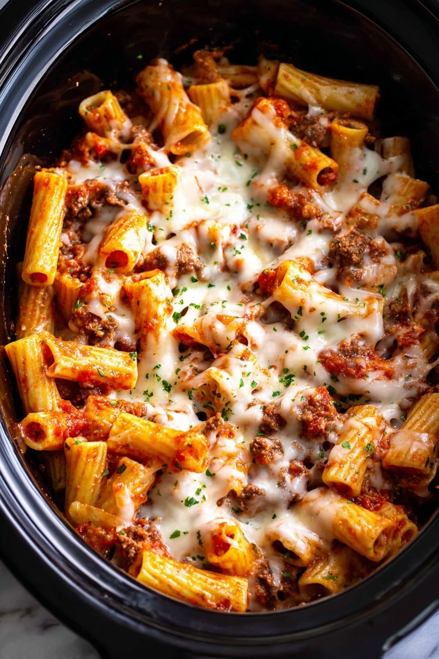 A close-up view of a black slow cooker filled with short tube pasta mixed with a reddish-orange tomato sauce and small pieces of browned meat. The pasta is covered with melted white cheese that stretches slightly over the top, sprinkled with small green herb bits. The textures include the smooth melted cheese, the firm pasta tubes, and the rough meat pieces, all sitting inside the slow cooker with some sauce peeking through. The background is a white marbled texture. photo taken with an iphone --ar 2:3 --v 7 - Slow Cooker Baked Ziti, easy baked ziti, crockpot pasta recipes, comforting pasta dishes, one-pot ziti
