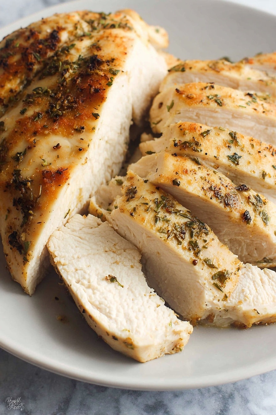 The image shows slices of cooked chicken placed close together on a white plate. The chicken is light golden on the outside with visible black pepper and green herb seasoning scattered across the surface. The chicken is cut into about six slices, showing a moist and tender white inside with a slightly textured surface. The plate rests on a white marbled background. photo taken with an iphone --ar 2:3 --v 7 - Slow Cooker Juicy & Seasoned Chicken Breast, tender slow cooker chicken, easy slow cooker chicken recipes, moist chicken breast slow cooker, flavorful chicken dinner