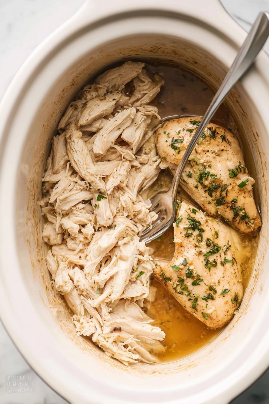 This image shows a white slow cooker filled with two main layers: on the right side, there are two whole cooked chicken pieces with a light golden color, sprinkled with green herbs and a shiny glaze of broth on top; on the left side, shredded chicken pieces in pale beige color soaking in a light brown broth, creating a moist texture; a silver fork is placed inside the slow cooker touching both shredded and whole chicken; the inside of the slow cooker has some broth stains along the edges; the background is a white marbled texture photo taken with an iphone --ar 2:3 --v 7 - Juicy Crockpot Shredded Chicken, Crockpot shredded chicken recipe, easy slow cooker chicken, tender shredded chicken, versatile chicken recipes