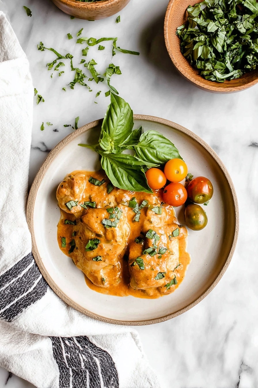 A white round plate holds two light brown chicken pieces covered in a smooth orange sauce sprinkled with green herbs. To the right of the chicken are a few small green and orange cherry tomatoes and a small bunch of fresh basil leaves. The plate is placed on a white marbled surface with a few chopped green herbs scattered above it. A white cloth with black stripes is partly visible on the bottom left corner. Two bowls filled with green leafy herbs sit at the top right corner of the image. Photo taken with an iphone --ar 2:3 --v 7 - Slow Cooker Creamy Tomato Basil Chicken, creamy tomato basil chicken, slow cooker chicken recipes, easy chicken with tomato and basil, comfort food chicken