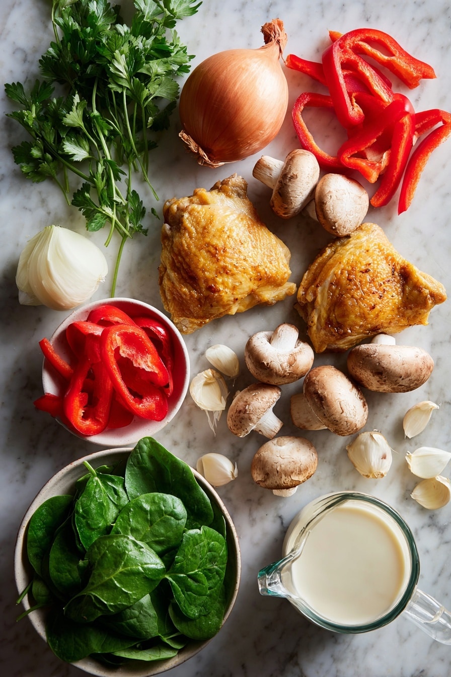 Flat lay of golden-brown chicken thighs with skin on, fresh whole and sliced mushrooms, vibrant red bell pepper strips, bright green fresh spinach leaves, a large chopped onion, minced garlic cloves, fresh parsley sprigs, and a small glass jug of creamy heavy cream, placed on a white marble surface, photo taken with an iphone --ar 2:3 --v 7 - Slow Cooker Creamy Chicken and Mushrooms, creamy chicken and mushroom dinner, easy slow cooker chicken recipe, comforting chicken recipes, effortless chicken crockpot dish