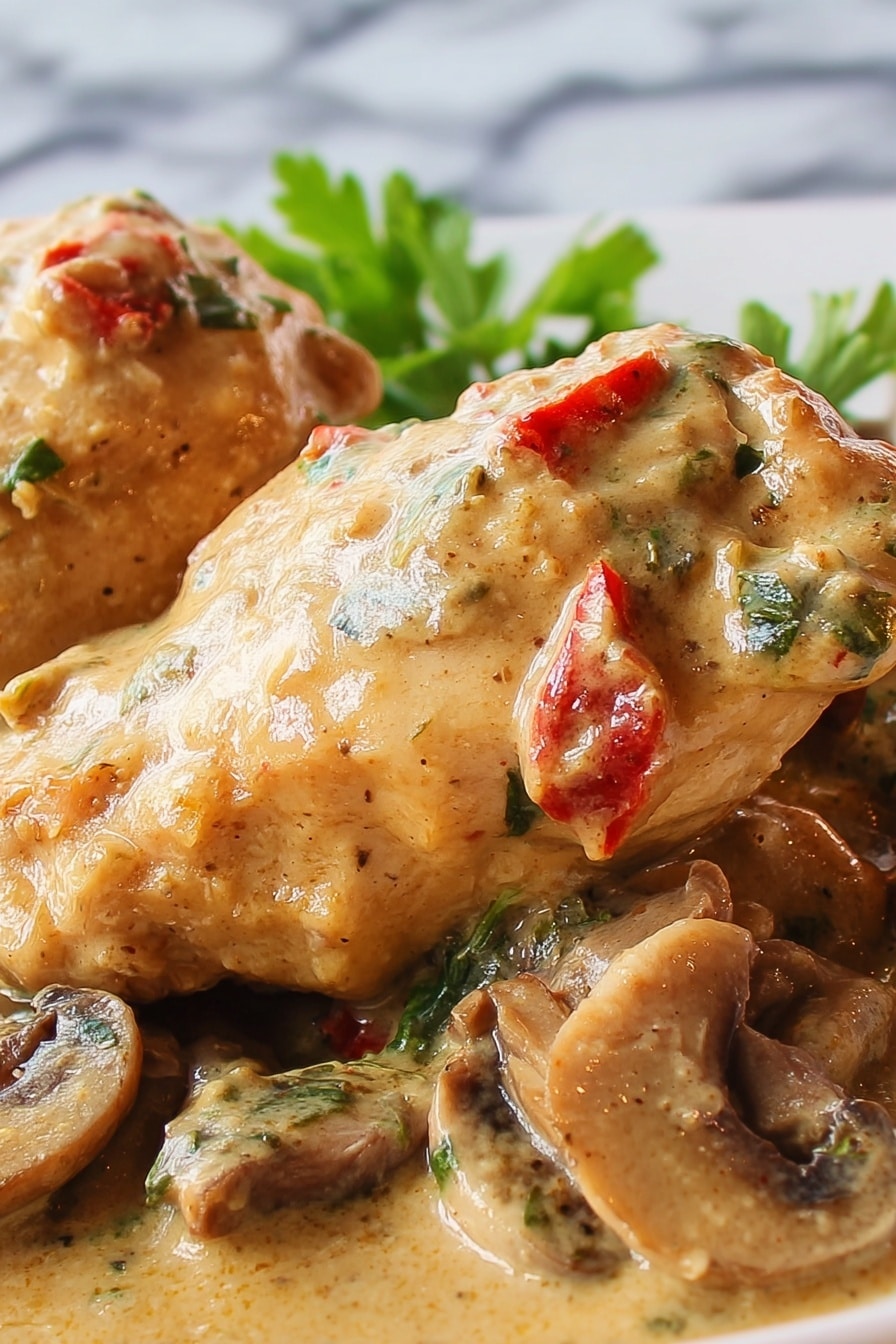 The image shows a close-up of two pieces of cooked chicken covered in a thick, creamy beige sauce with visible small chunks of red peppers and herbs. The chicken pieces rest on a bed of sliced brown mushrooms and some leafy green parsley. The sauce looks smooth with a slightly shiny texture, and there are hints of seasoning visible in the sauce. The background is a white marbled texture with a soft focus on the food, making the chicken and sauce the main focus. Photo taken with an iphone --ar 2:3 --v 7 - Slow Cooker Creamy Chicken and Mushrooms, creamy chicken and mushroom dinner, easy slow cooker chicken recipe, comforting chicken recipes, effortless chicken crockpot dish