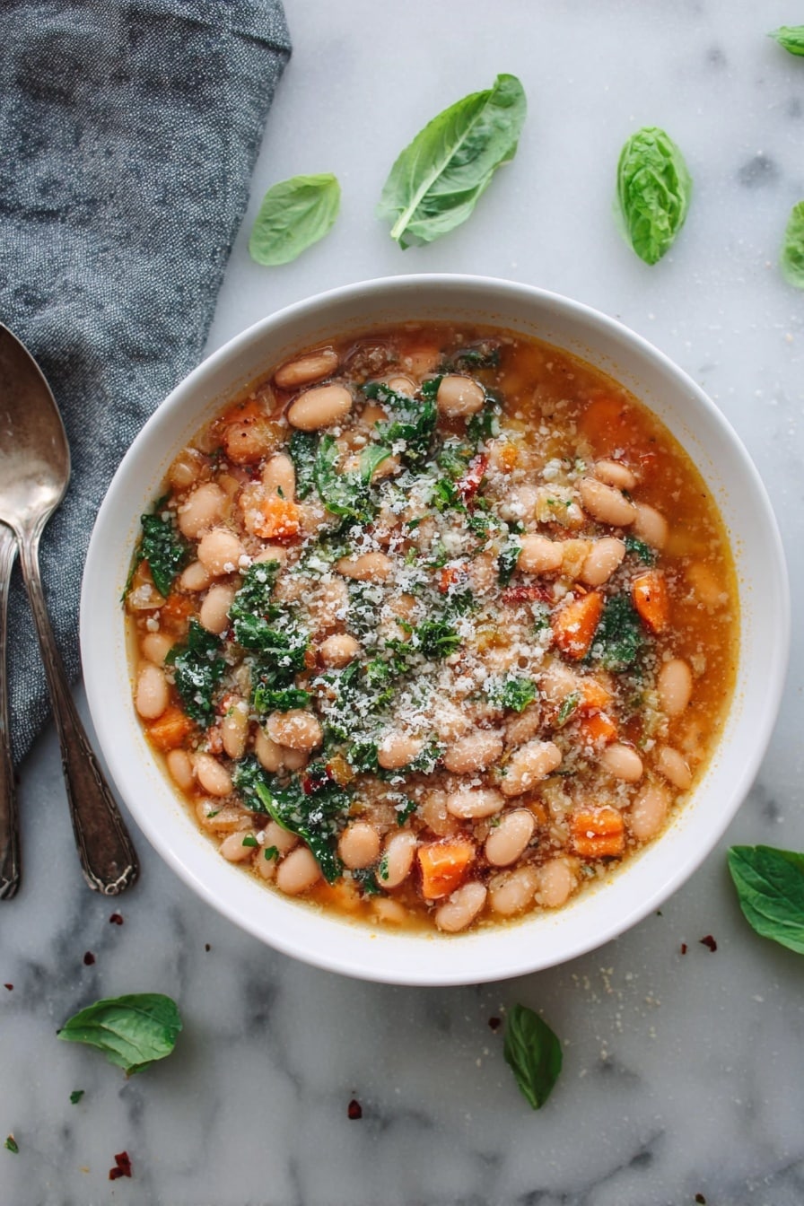 A white bowl filled with a bean soup that has three main layers: at the bottom, a light orange broth; in the middle, many soft, light brown beans mixed with small pieces of bright orange carrots; on top, fresh green leafy bits scattered throughout, along with a sprinkling of finely grated pale cheese. The bowl sits on a white marbled surface with scattered small green leaves nearby and a gray cloth with two spoons resting on it to the left side. photo taken with an iphone --ar 2:3 --v 7 - Cranberry Bean Soup, hearty bean soup, healthy soup recipes, vegetarian bean soup, easy soup recipes