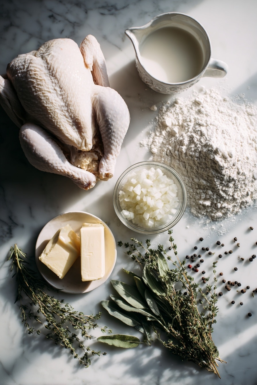 Flat lay of a whole raw chicken, diced white onion, a mound of all-purpose flour, a small pile of baking powder, a pat of unsalted butter, a measuring cup filled with warm whole milk, sprigs of fresh thyme and sage, and scattered whole black peppercorns, all beautifully arranged with soft natural light and delicate shadows, placed on a white marble surface, photo taken with an iphone --ar 2:3 --v 7 - Easy Homemade Chicken and Dumplings, chicken and dumplings, comforting chicken dish, 6-ingredients chicken recipe, homemade chicken stew