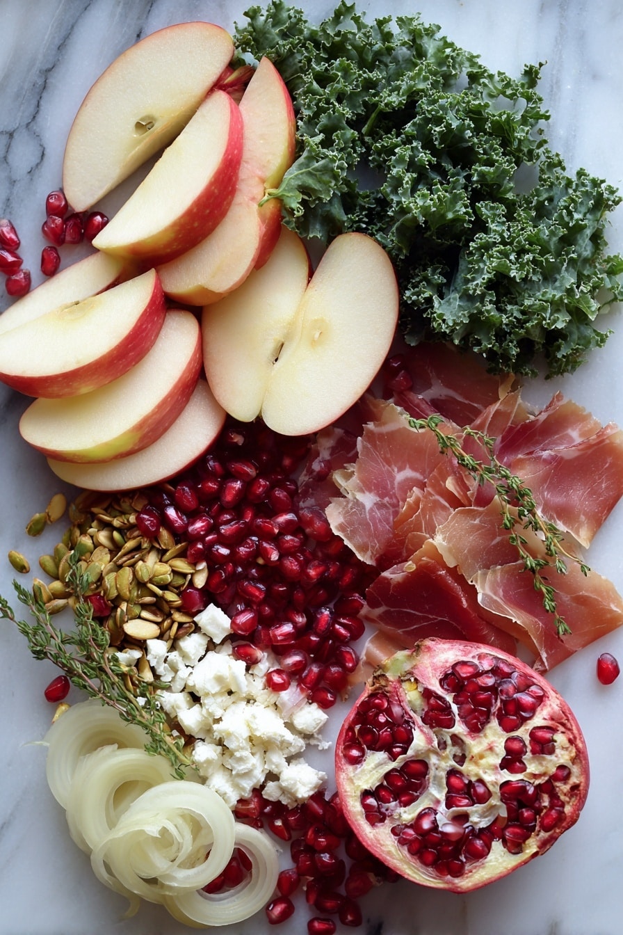 Flat lay of thinly sliced honeycrisp apples with a vibrant red and yellow skin, bright green shredded kale leaves, glossy ruby red pomegranate arils scattered like jewels, rustic golden toasted pepitas, delicate crispy prosciutto slices with a rich pink hue, small heaps of crumbly white feta cheese, thin rings of translucent shallot, and sprigs of fresh green thyme leaves, all placed on a white marble surface, photo taken with an iphone --ar 2:3 --v 7 - Fall Harvest Honeycrisp Apple and Kale Salad, autumn apple kale salad, healthy fall salads, Honeycrisp apple salad, kale salad with prosciutto