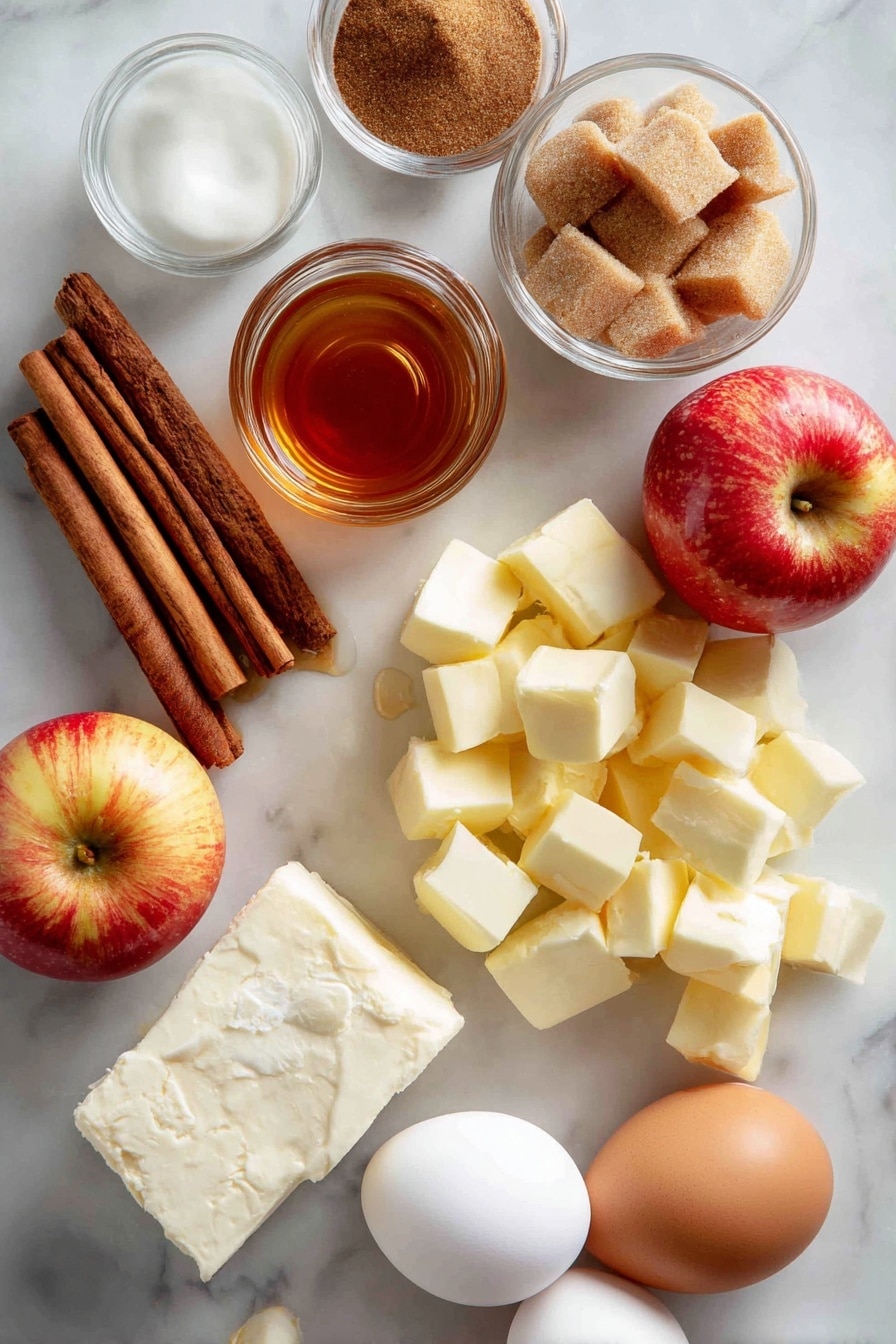 Flat lay of golden brown cinnamon sticks, light and dark brown sugar crystals, fresh chopped Honeycrisp apple pieces with red and yellow skin, smooth cubes of salted butter, creamy off-white cream cheese block, a small transparent jar of rich amber maple syrup, and whole fresh eggs, all beautifully arranged on a white marble surface, photo taken with an iphone --ar 2:3 --v 7 - Apple Cinnamon Rolls with Brown Butter Maple Icing, cinnamon rolls with apple and brown butter, homemade apple cinnamon rolls, easy apple cinnamon roll recipe, cozy breakfast cinnamon rolls