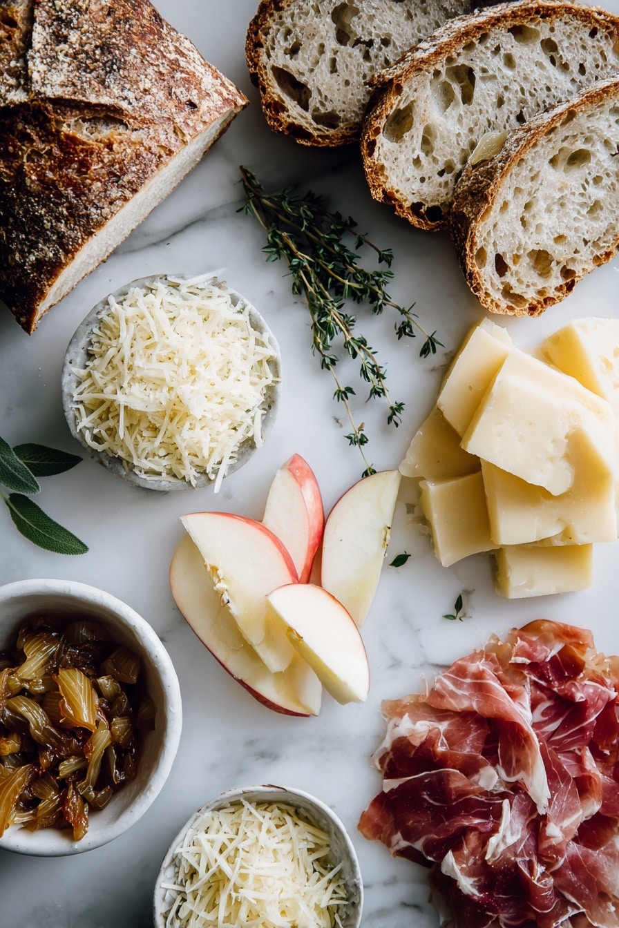 Flat lay of thinly sliced yellow onions caramelized to a golden brown, fresh thyme leaves scattered delicately, vibrant chopped sage, crisp slices of prosciutto with a slight sheen, thin apple slices from a bright honeycrisp apple, shredded fontina cheese with soft curls, shredded gouda cheese in small piles, and a few crushed red pepper flakes sprinkled lightly, all beautifully arranged on a white marble surface, photo taken with an iphone --ar 2:3 --v 7 - French Onion and Apple Grilled Cheese with Prosciutto and Crispy Sage, gourmet grilled cheese recipe, caramelized onion and apple sandwich, fancy grilled cheese ideas, savory prosciutto cheese sandwich