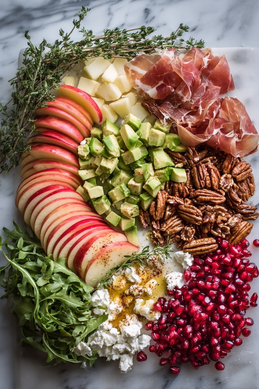 Flat lay of thinly sliced honeycrisp apples with their red and yellow hues, bright green diced avocado cubes, deep red pomegranate arils scattered like jewels, crumbled white feta cheese, toasted pecans and pumpkin seeds dusted with cinnamon, delicate crispy prosciutto slices, fresh green arugula leaves, vibrant thyme sprigs, and a small drizzle of golden maple syrup, all beautifully arranged with natural light and soft shadows, placed on a white marble surface, photo taken with an iphone --ar 2:3 --v 7 - Autumn Harvest Honeycrisp Apple and Feta Salad, fall fruit salad, autumn side dishes, honeycrisp apple salad, seasonal fall recipes
