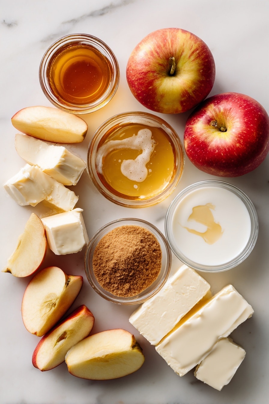 Flat lay of chopped Honeycrisp apples with their red and yellow skin intact, a small jar of smooth apple butter, creamy white cream cheese blocks, golden melted coconut oil pooling gently, a mound of light brown cinnamon sugar mixture, a drizzle of rich honey, a pat of soft salted butter, and a splash of milky white yogurt arranged beautifully and naturally placed on a white marble surface, photo taken with an iphone --ar 2:3 --v 7 - Cinnamon Sugar Swirled Apple Butter Bread, apple cinnamon bread with cream cheese, fall apple bread recipe, moist apple bread with apple butter, delicious apple bread for breakfast