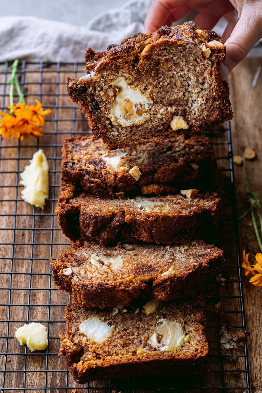 The image shows several thick slices of dark brown bread with a moist texture, placed on a wire cooling rack over a wooden surface. Inside each slice, there are visible light cream-colored layers that look soft and spread unevenly, with chunks of white and light yellow fruits or nuts embedded throughout. One piece is held by a woman's hand, showing its crumbly texture. Small orange flowers and a dollop of light yellow butter are scattered nearby. The background is a white marbled texture. Photo taken with an iphone --ar 2:3 --v 7 - Cinnamon Sugar Swirled Apple Butter Bread, apple cinnamon bread with cream cheese, fall apple bread recipe, moist apple bread with apple butter, delicious apple bread for breakfast