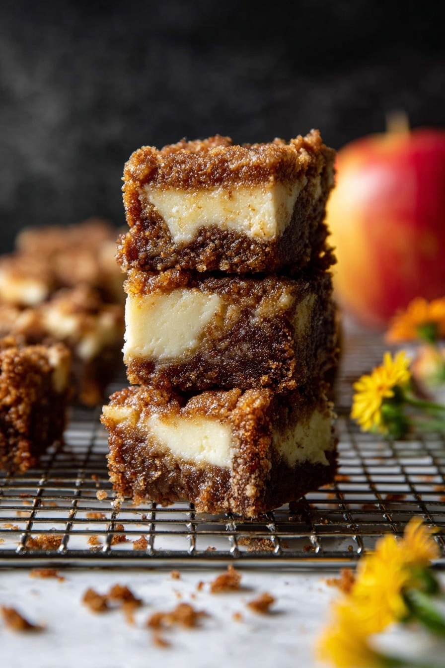 The image shows a stack of three square dessert bars on a metal cooling rack placed over a white marbled surface. Each bar has two visible layers: a thicker, moist, brown crumbly layer on top and a creamy white layer beneath it. The bars look soft and textured, with some crumbs scattered around them. In the background, there is a red and yellow apple and a few small yellow flowers adding color to the scene. The photo has a dark blurred background that highlights the dessert bars. Photo taken with an iphone --ar 2:3 --v 7 - Cinnamon Sugar Swirled Apple Butter Bread, apple cinnamon bread with cream cheese, fall apple bread recipe, moist apple bread with apple butter, delicious apple bread for breakfast