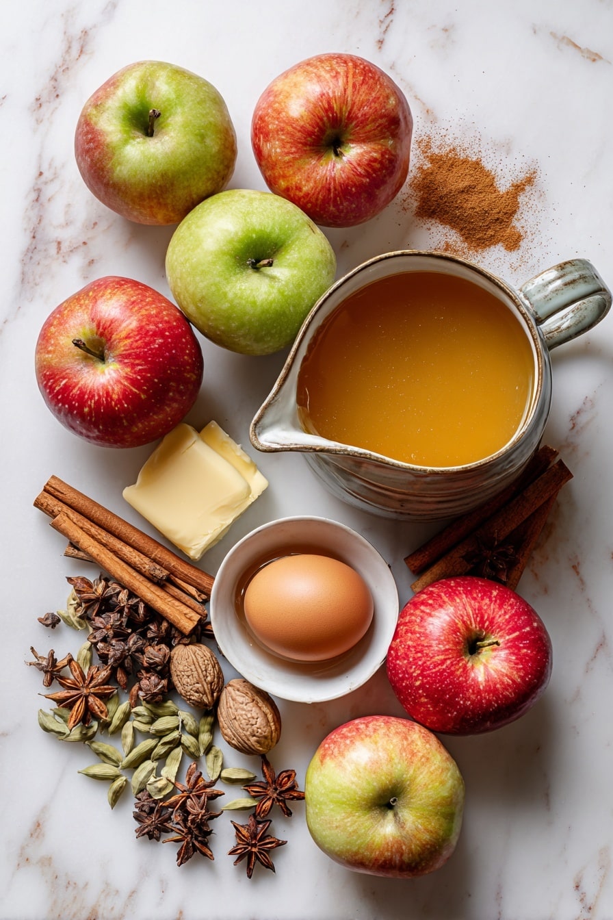Flat lay of fresh whole apples with shiny red and green skins, a small pitcher of golden maple syrup, a dish of smooth apple butter, a scattering of warm brown cinnamon sticks, star anise pods, fresh grated nutmeg, whole cardamom pods, and a few cracked eggs, all beautifully arranged with a stick of melted butter pooling gently beside them, placed on a white marble surface, photo taken with an iphone --ar 2:3 --v 7 - Baked Cinnamon Sugar Apple Cider Doughnut Holes, fall apple cider treats, baked doughnut holes with cinnamon, cozy autumn snack, easy baked doughnut recipe