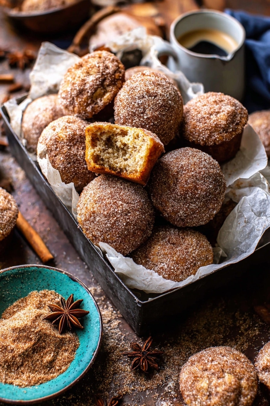The image shows a pile of small, round muffins covered in a light brown cinnamon sugar coating, stacked inside a dark muffin tray lined with white parchment paper. One muffin is split open, revealing a soft, crumbly inside with a golden brown color. Around the muffin tray, there are more muffins placed on a wooden surface with scattered cinnamon sugar. A blue-green bowl filled with cinnamon sugar and star anise is visible on the side, along with a white cup of coffee topped with a brown star anise. The overall scene has warm, cozy colors and a textured look. photo taken with an iphone --ar 2:3 --v 7 - Baked Cinnamon Sugar Apple Cider Doughnut Holes, fall apple cider treats, baked doughnut holes with cinnamon, cozy autumn snack, easy baked doughnut recipe