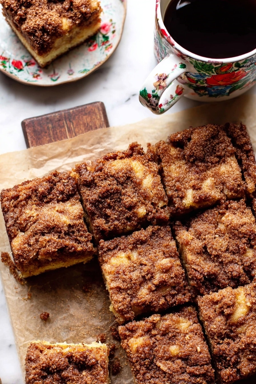 The image shows nine square pieces of a crumbly dessert arranged closely, with one piece partially removed from the lower left corner, revealing a light golden inner layer beneath a thick, rough, brown sugar and cinnamon crumb topping. The dessert sits on parchment paper over a white marbled surface, enhancing the texture contrast. The top crumb layer is dark brown with visible chunks and uneven texture, while the inner layer is moist and pale yellow. Nearby, there is a white dish with more pieces and a white mug with a colorful floral design filled with a dark beverage, placed on the same white marbled surface. Photo taken with an iphone --ar 2:3 --v 7 - Easy Cinnamon Sugar Apple Cake, cinnamon apple cake, fall apple cake, simple apple dessert, cozy apple cake