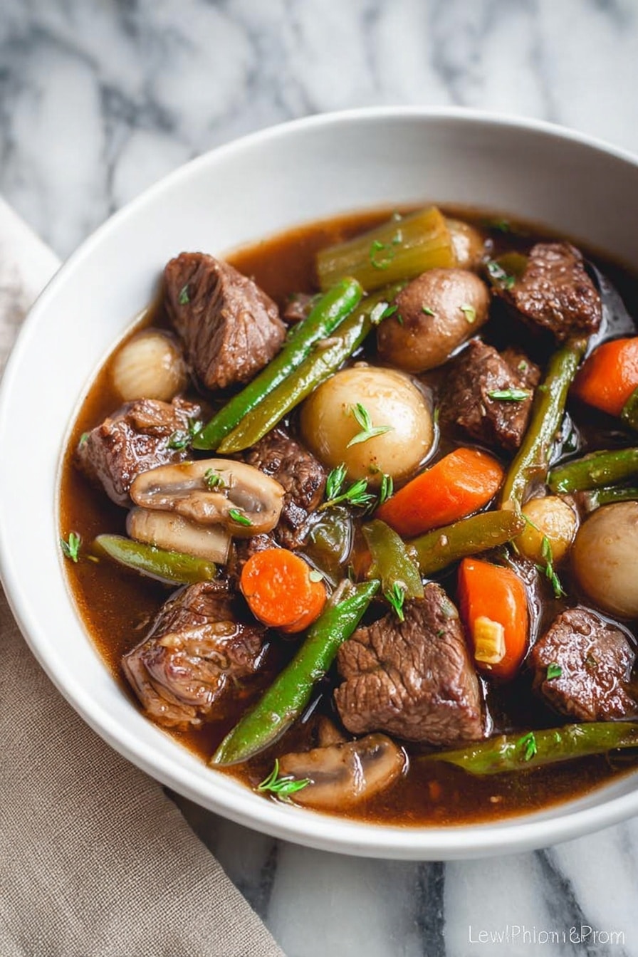 A white bowl filled with a rich beef stew showing several layers: the bottom layer is a dark brown broth with a glossy texture, floating on top are chunks of tender brown beef pieces with a slightly rough surface, whole small light brown pearl onions, orange carrot slices, green celery sticks, sliced beige mushrooms with a soft texture, and green beans. Some small green herb sprigs are sprinkled on top. The bowl sits on a white marbled surface with a beige cloth partially visible on the left side. photo taken with an iphone --ar 2:3 --v 7 - Keto Beef Stew, low-carb beef stew, keto dinner ideas, healthy beef stew, easy keto recipes
