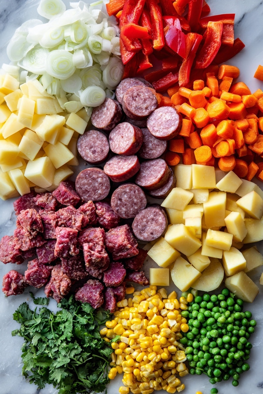 Flat lay of sliced kielbasa, raw ground beef, diced yellow onion, chopped carrots, vibrant red bell pepper pieces, minced garlic cloves, cubed butter potatoes, colorful frozen peas and corn mix, and fresh chopped cilantro, arranged neatly with vivid natural colors and textures, placed on a white marble surface, photo taken with an iphone --ar 2:3 --v 7 - Cowboy Stew, Cowboy Stew Recipe, hearty stew, one-pot beef stew, smoky kielbasa stew