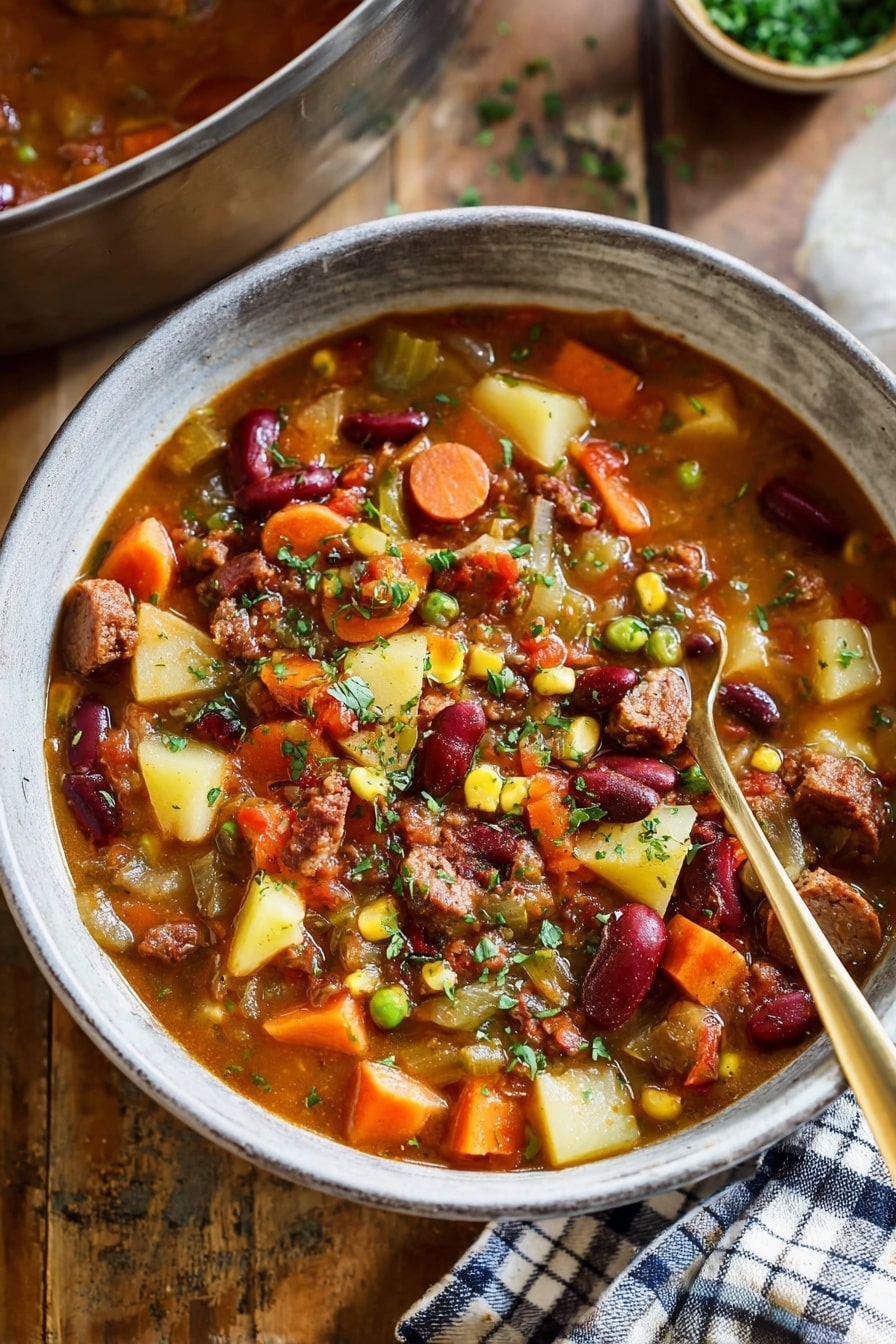 The image shows a bowl of thick soup filled with many colorful ingredients. The soup has a brownish-red broth with visible layers of orange carrot cubes, green peas, yellow corn kernels, dark red kidney beans, light yellow potato pieces, and slices of brown sausage. Bits of browned meat are mixed throughout, and chopped green herbs are sprinkled on top. The bowl is white with a grayish finish, placed on a wooden table with a checkered cloth nearby and a brass spoon resting inside the bowl. Photo taken with an iphone --ar 2:3 --v 7 - Cowboy Stew, Cowboy Stew Recipe, hearty stew, one-pot beef stew, smoky kielbasa stew
