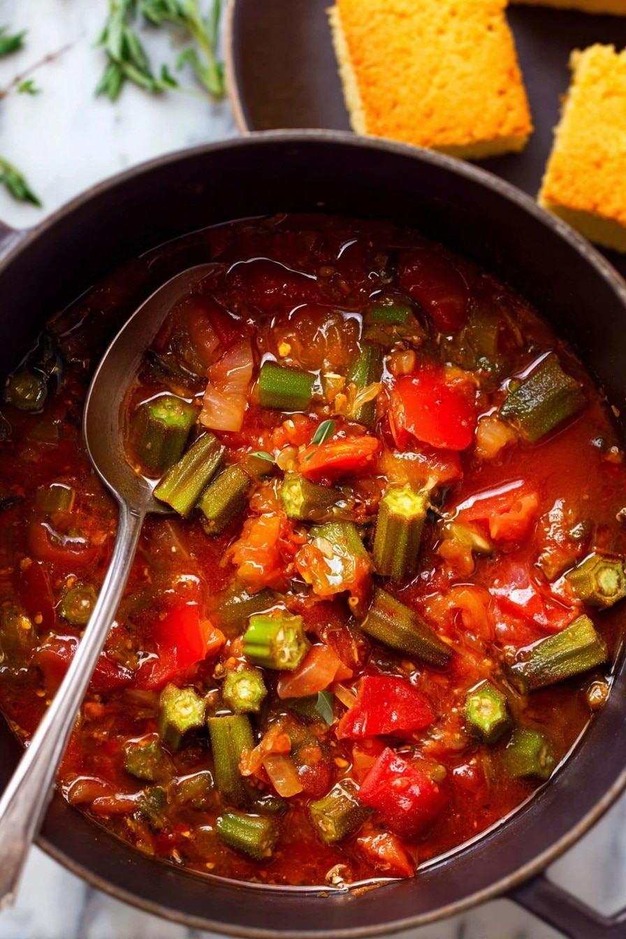 A close-up view of a black pot filled with a vibrant stew featuring bright red tomato chunks, green okra pieces with their unique ridged texture and visible seeds, and small bits of caramelized onion and garlic, all simmering in a rich, reddish broth; a silver spoon rests inside the pot, partially submerged in the stew, while the background shows two square pieces of golden cornbread on a dark plate, all placed on a white marbled surface with hints of green herbs scattered around. photo taken with an iphone --ar 2:3 --v 7 - Stewed Okra and Tomatoes with Bacon and Herbs, okra and tomato stew, Southern okra recipe, easy vegetable stew, bacon and herb okra dish