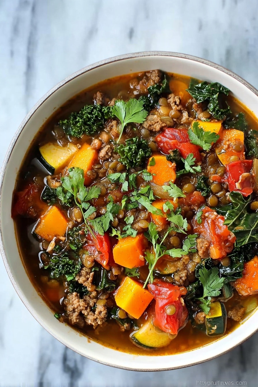 A white bowl filled with a colorful stew consisting of multiple layers: orange carrot chunks, yellow squash pieces, bright red diced tomatoes, dark green leafy kale, and small brown lentils mixed with ground meat. The stew has a thin brown broth that fills the space between the ingredients, and fresh cilantro leaves are scattered on top, adding a fresh green touch. The bowl sits on a white marbled surface. photo taken with an iphone --ar 2:3 --v 7 - Lamb, Lentil and Squash Stew Lamb, Lentil and Squash Stew cozy hearty meal wholesome delicious stew nourishing comfort food