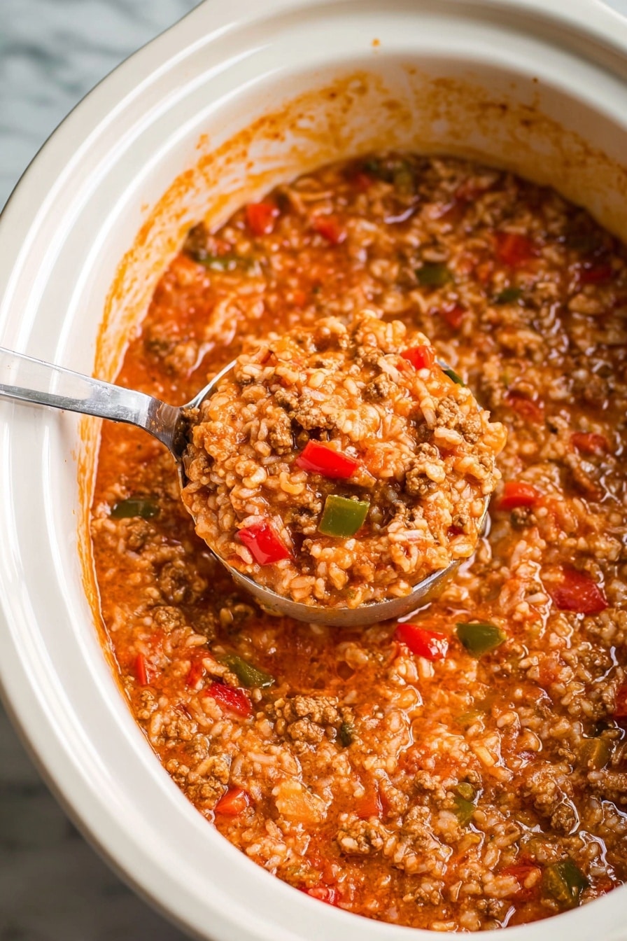 A white bowl filled with thick soup showing three main layers: the top layer has brown, crumbled cooked meat chunks, the middle layer contains soft rice grains mixed in a red tomato-based broth with visible small pieces of green and red bell peppers, and the bottom layer is the same dense, orange-red liquid base. The soup looks hearty and textured, with a spoon partially visible inside the bowl. The background has a white marbled texture, and a modern kitchen appliance is partially seen behind the bowl. photo taken with an iphone --ar 2:3 --v 7 - Slow Cooker Stuffed Pepper Soup, stuffed pepper soup recipe, hearty stuffed pepper soup, easy slow cooker soup, beginner-friendly stuffed pepper soup