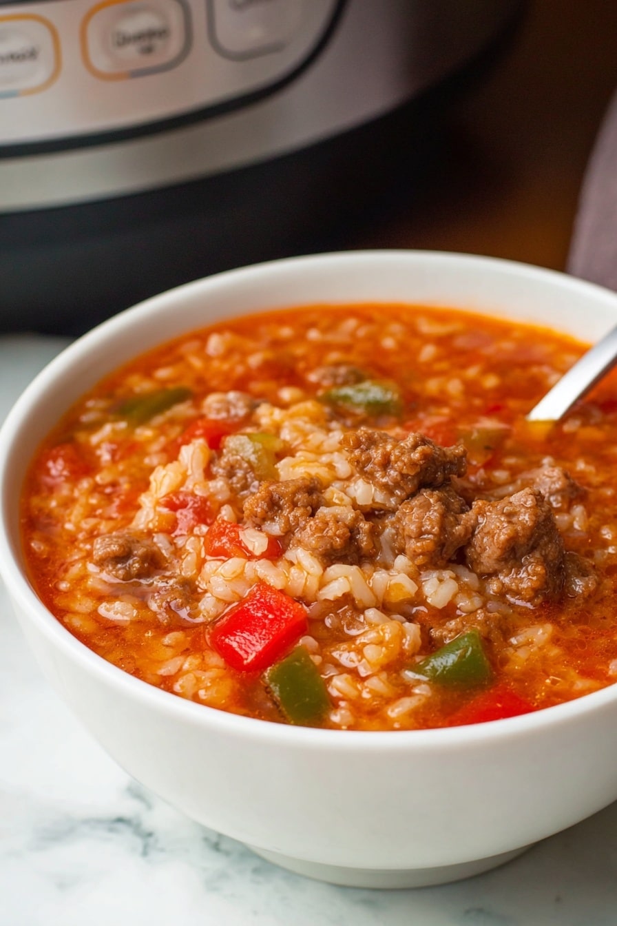 A close-up of a white slow cooker filled with a thick, textured mix of cooked rice, ground meat, and diced red and green bell peppers in a rich, orange-red sauce. The inside rim of the slow cooker shows some sauce splashes, and a metal ladle is partially submerged, lifting a scoop of the dish that highlights the soft grains of rice and the chunky bits of meat and vegetables. The slow cooker sits on a white marbled surface. photo taken with an iphone --ar 2:3 --v 7 - Slow Cooker Stuffed Pepper Soup, stuffed pepper soup recipe, hearty stuffed pepper soup, easy slow cooker soup, beginner-friendly stuffed pepper soup
