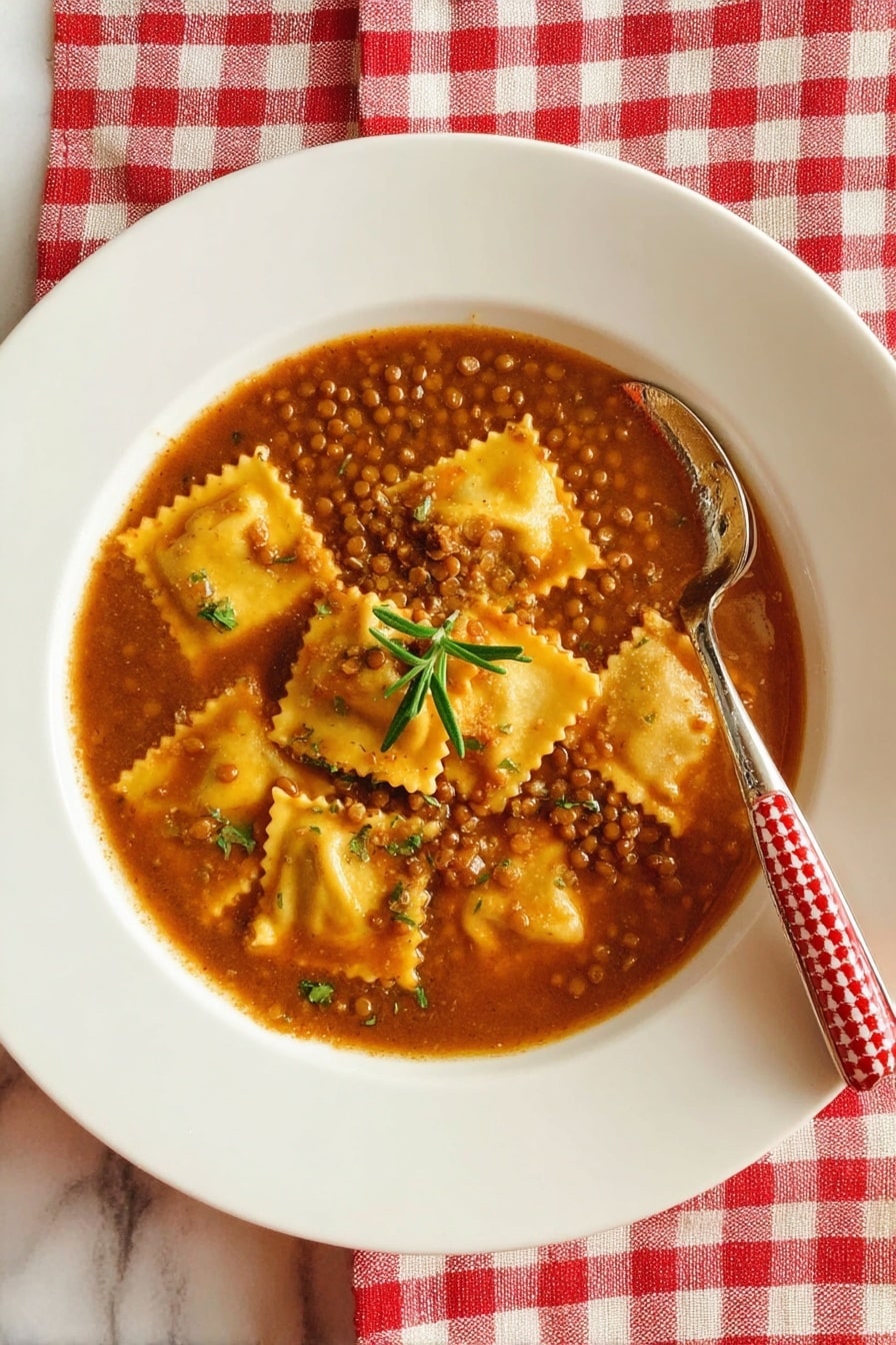 A shallow white plate sits on a red and white checkered cloth over a white marbled surface, filled with a brown lentil soup base. The soup contains square yellow ravioli pieces with ruffled edges layered throughout, and a small green sprig of rosemary rests on top in the middle. A silver spoon with a red and white patterned handle is placed inside the soup on the right side of the plate. Photo taken with an iphone --ar 2:3 --v 7 - Umbrian Lentil Soup with Pasta, Italian Lentil Soup, hearty Italian soup, rustic lentil and pasta dish, traditional Umbria recipes