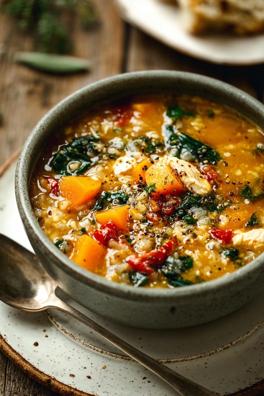 A gray bowl filled with a thick soup showing several layers of textures and colors: bright orange chunks of vegetables, white small grains, leafy dark green pieces, and scattered red roasted vegetable chunks, all mixed in a golden orange broth with specks of black pepper and herbs on top. The bowl sits on a white plate with some seasoning marks on it, and a large silver spoon rests next to the bowl against a rustic wooden surface. A blurred white plate with torn bread is visible in the background along with a small green sprig. photo taken with an iphone --ar 2:3 --v 7 - Fall Chicken Stew with Quinoa and Butternut Squash, hearty autumn chicken stew, healthy chicken and squash soup, wholesome fall quinoa stew, cozy chicken and vegetable soup