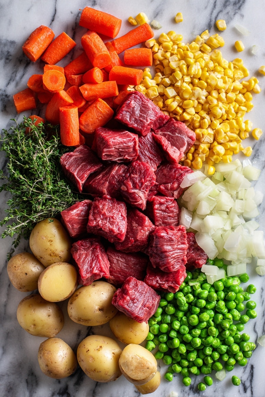 Flat lay of raw chuck roast cubes with a rich deep red color, bright orange carrot pieces, small quartered new potatoes with light brown skin, crisp celery ribs cut into chunks, a heap of diced white onions, vibrant frozen green peas and yellow corn kernels scattered beside sprigs of dried parsley and glossy crushed tomatoes, all beautifully arranged in an inviting composition, placed on a white marble surface, photo taken with an iphone --ar 2:3 --v 7 - Pressure Cooker Beef Stew, hearty beef stew recipes, quick beef stew, tender beef stew in under an hour, easy pressure cooker beef dinner