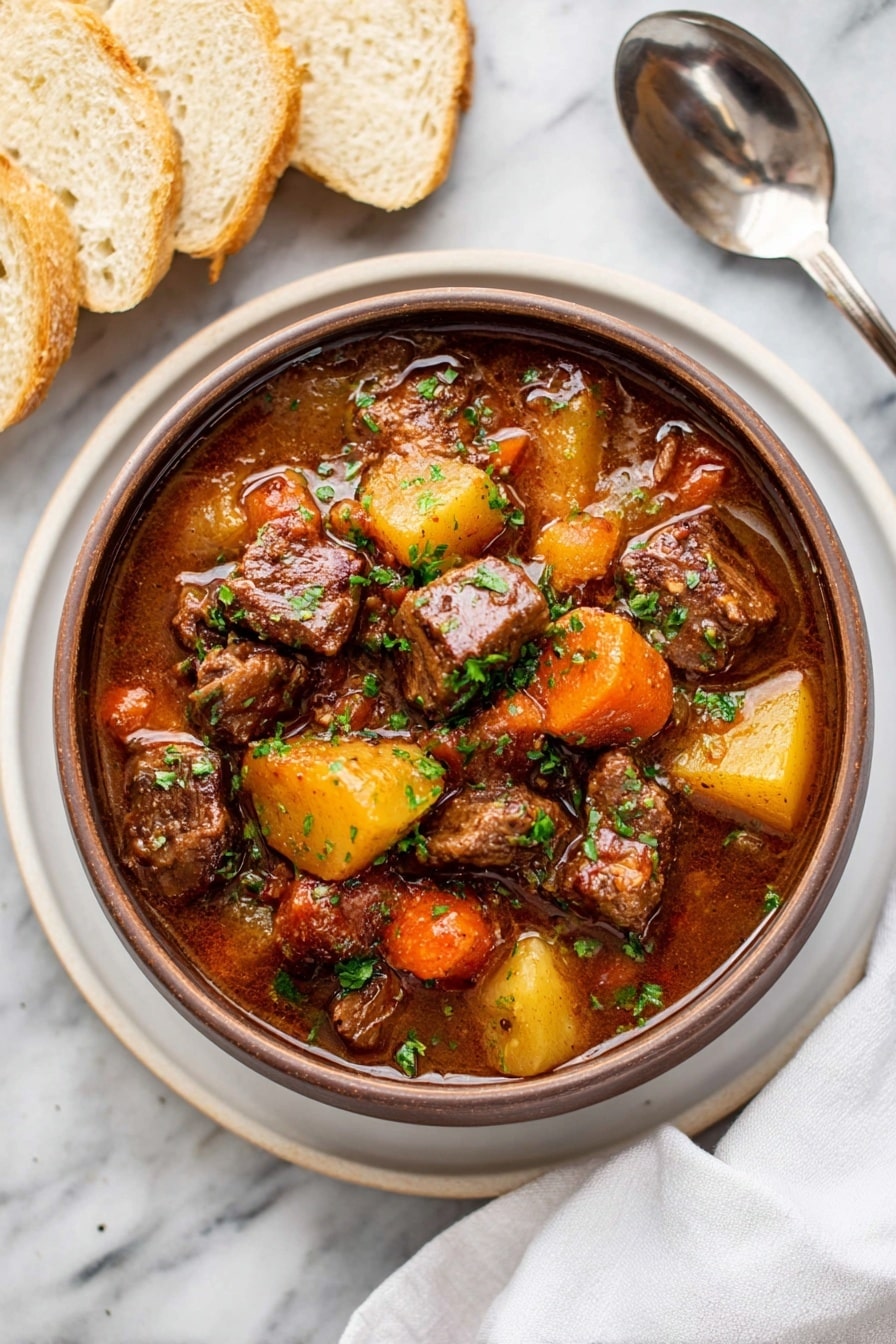 A brown bowl filled with thick beef stew sits in the center of a white plate on a white marbled surface. The stew has large chunks of dark brown beef, orange carrot pieces, light yellow potatoes, and small bits of red tomatoes all mixed in a rich brown gravy. Green chopped herbs are sprinkled on top for color and freshness. To the left, there are pieces of sliced white bread and to the right, a silver spoon rests on a white cloth napkin. Photo taken with an iphone --ar 2:3 --v 7 - Slow Cooker Venison Stew, hearty venison stew, easy venison recipes, thick and savory stew, comforting game meat stew
