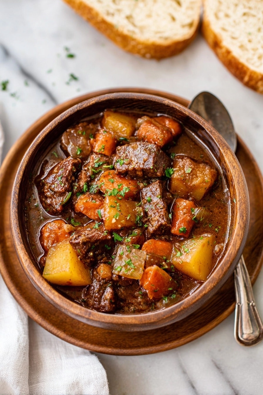 A brown wooden bowl filled with thick beef stew sits on a white plate on a white marbled surface. The stew has large chunks of dark brown beef, orange carrots, light yellow potatoes, and small pieces of onion all in a rich brown sauce. The dish is topped with finely chopped green herbs. To the side, there is a spoon and a white cloth napkin, along with two slices of white bread partially visible. Photo taken with an iphone --ar 2:3 --v 7 - Slow Cooker Venison Stew, hearty venison stew, easy venison recipes, thick and savory stew, comforting game meat stew