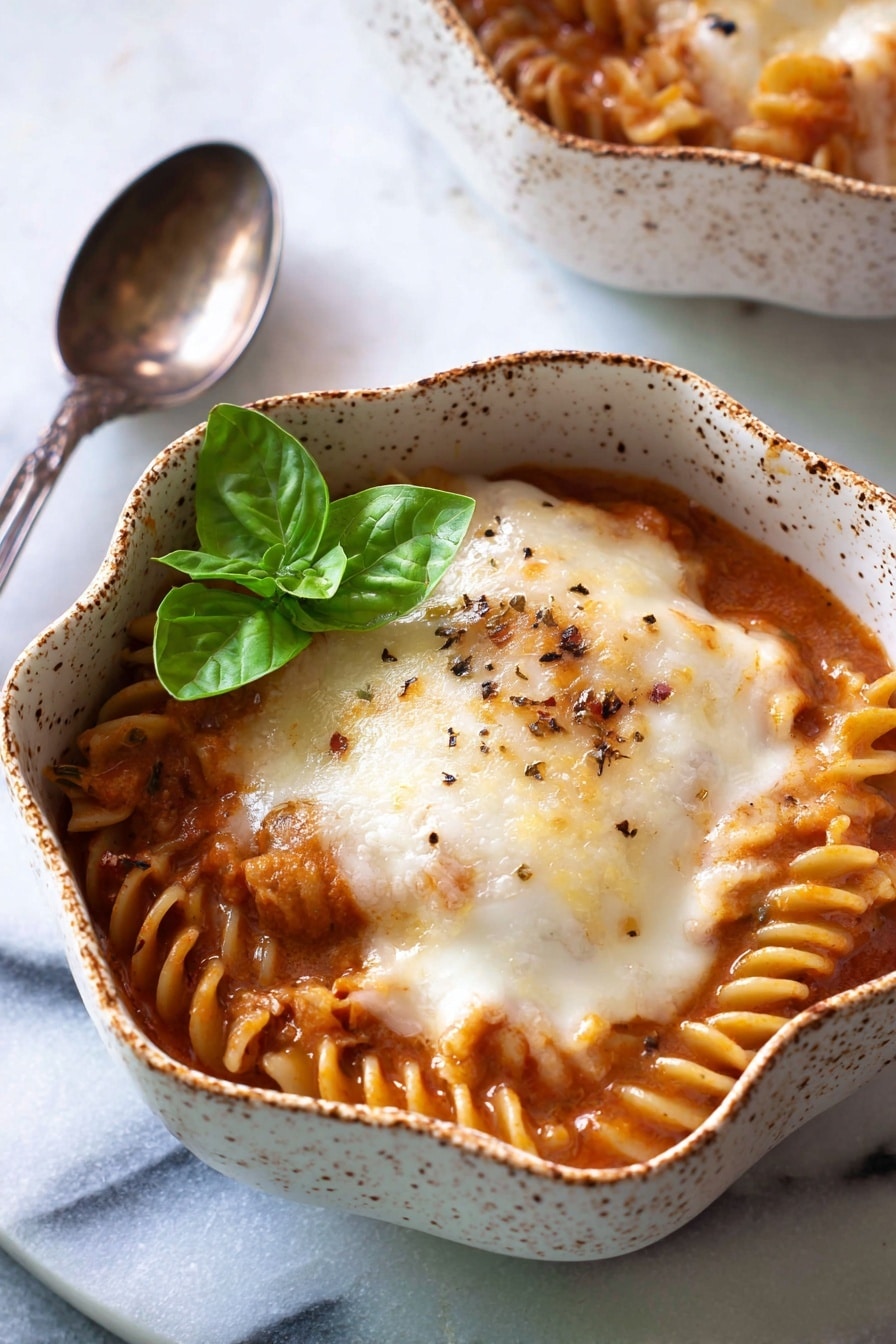A bowl with a wavy edge filled with layers of food, starting with a reddish-orange thick sauce mixed with visible short spiral pasta pieces; on top, there is a smooth, melted white layer of cheese with golden brown spots from baking, creating a slightly uneven texture; a fresh green basil leaf sits on one side near the edge. The bowl is white with brown speckles, and the background shows a white marbled surface with a vintage spoon nearby. Photo taken with an iphone --ar 2:3 --v 7 - Slow Cooker Chicken Parmesan Soup, Italian chicken soup, easy chicken soup recipe, comforting Italian soup, slow cooker dinner ideas