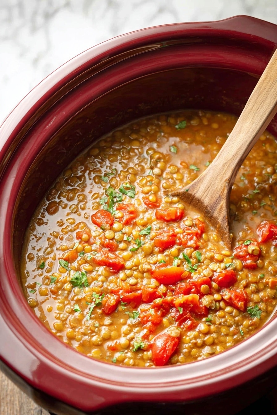 A close-up view of a red slow cooker filled with thick lentil soup, showing two main layers: the bottom layer is a creamy, light brown broth mixed with soft green lentils, and the top layer has vibrant pieces of red tomatoes and small green parsley leaves scattered across the surface. A wooden spoon is placed inside the slow cooker resting against the edge. The background has a white marbled texture photo taken with an iphone --ar 2:3 --v 7 - Slow Cooker Lentil Soup, hearty lentil soup, easy healthy soup, cozy lentil stew, vegan lentil meal