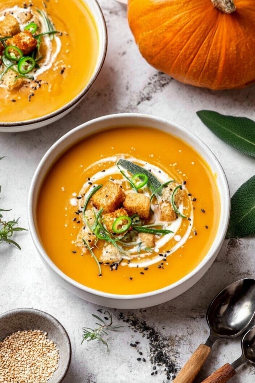 A white bowl filled with smooth orange pumpkin soup is at the center, topped with a swirl of white cream, small green chili slices, fresh green herbs, black pepper, and small golden croutons. Another similar bowl of soup is partly visible in the top left corner. To the right of the main bowl, there is a large whole pumpkin and green leaves on a white marbled surface. A spoon with a wooden handle lies nearby on the same surface, which also contains a small dish of sesame seeds at the bottom left. Photo taken with an iphone --ar 2:3 --v 7 - Creamy Pumpkin Curry Soup, pumpkin curry soup recipe, easy pumpkin soup with curry, comforting pumpkin soup, healthy pumpkin curry