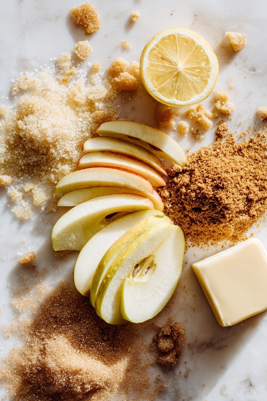 Flat lay of thinly sliced honeycrisp apples arranged in a delicate fan, a halved bright yellow lemon with visible juice droplets, a small heap of golden brown sugar crystals, a mound of light beige granulated sugar, a pile of soft brown sugar with rich texture, a scattering of warm-toned pumpkin pie spice powder, and a chilled cube of pale yellow cold butter with sharp edges, all placed on a white marble surface, photo taken with an iphone --ar 2:3 --v 7 - Apple Brown Betty, Apple Brown Betty dessert, comforting apple crisp, easy fall dessert, traditional apple crumble