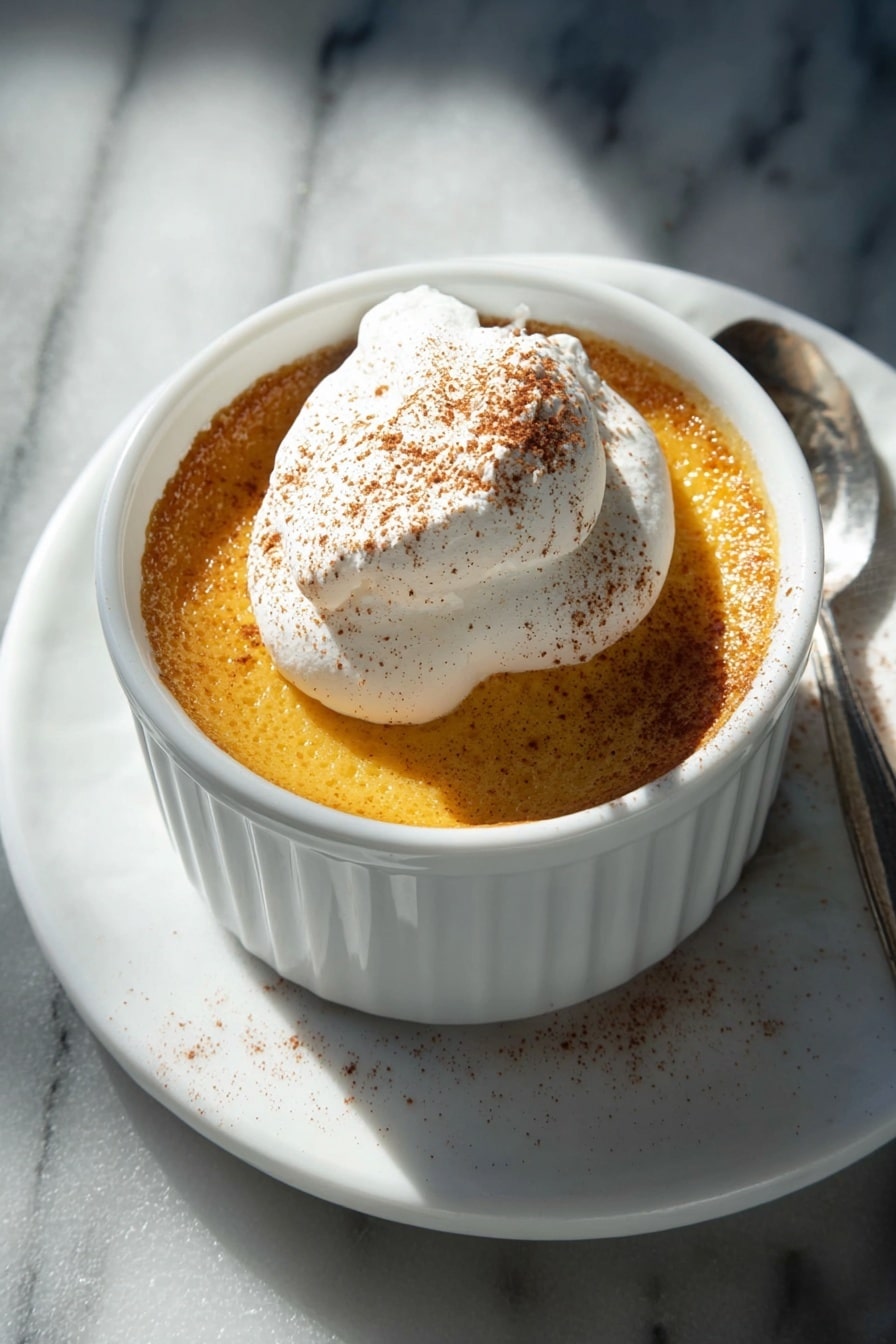 A white ramekin filled with a smooth and light orange custard with a slightly bubbly surface, topped with a large dollop of whipped cream sprinkled with a fine dusting of cinnamon. The ramekin sits on a white marbled surface with sunlight casting bright shadows, highlighting the creamy texture and warm color of the dessert. Photo taken with an iphone --ar 2:3 --v 7 - Pumpkin Egg Custard, easy pumpkin custard, pumpkin dessert, silky pumpkin custard, cozy fall desserts
